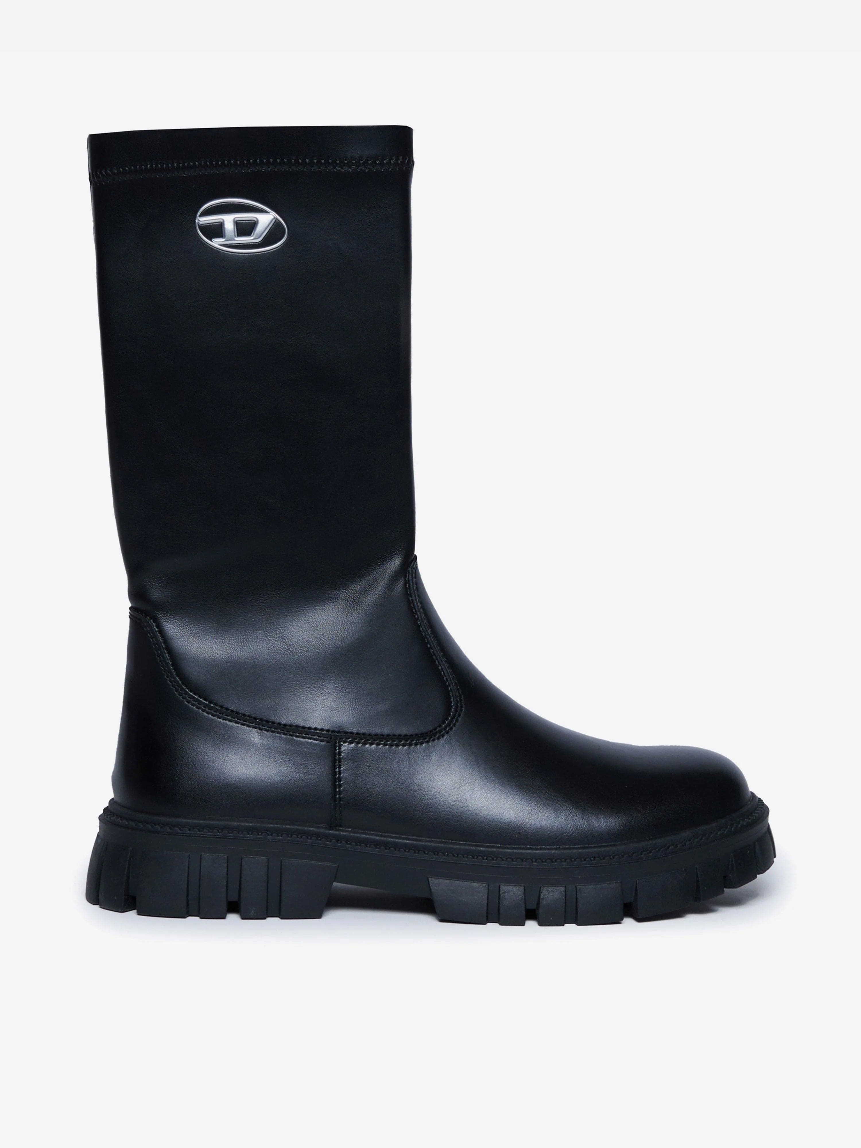 Diesel Girls Leather Logo Boots in Black 2025 Newest