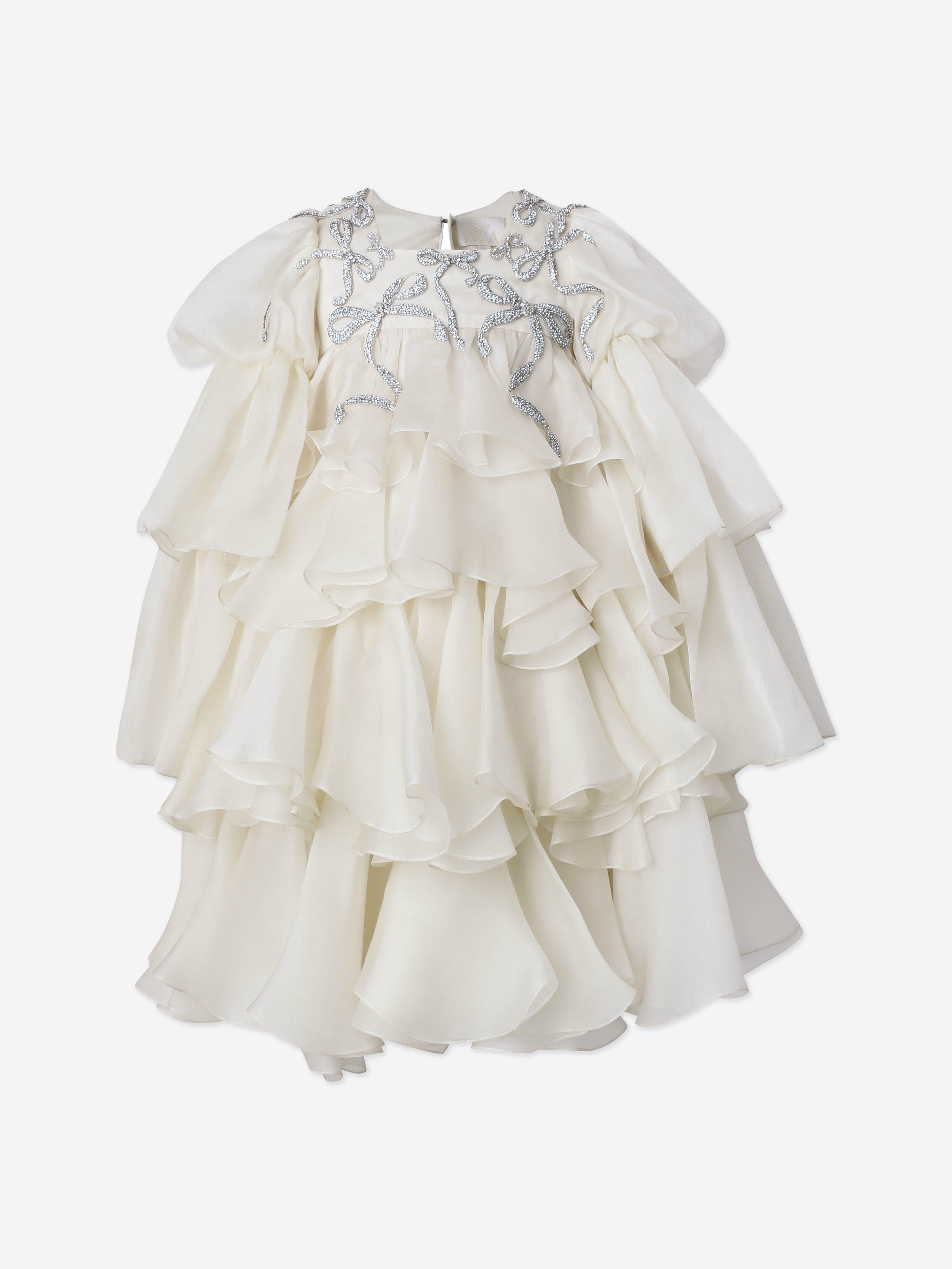 Maison Ava Girls Lorriane Chiffon Ruffle Dress in Ivory Factory Outlet Cheap Pice