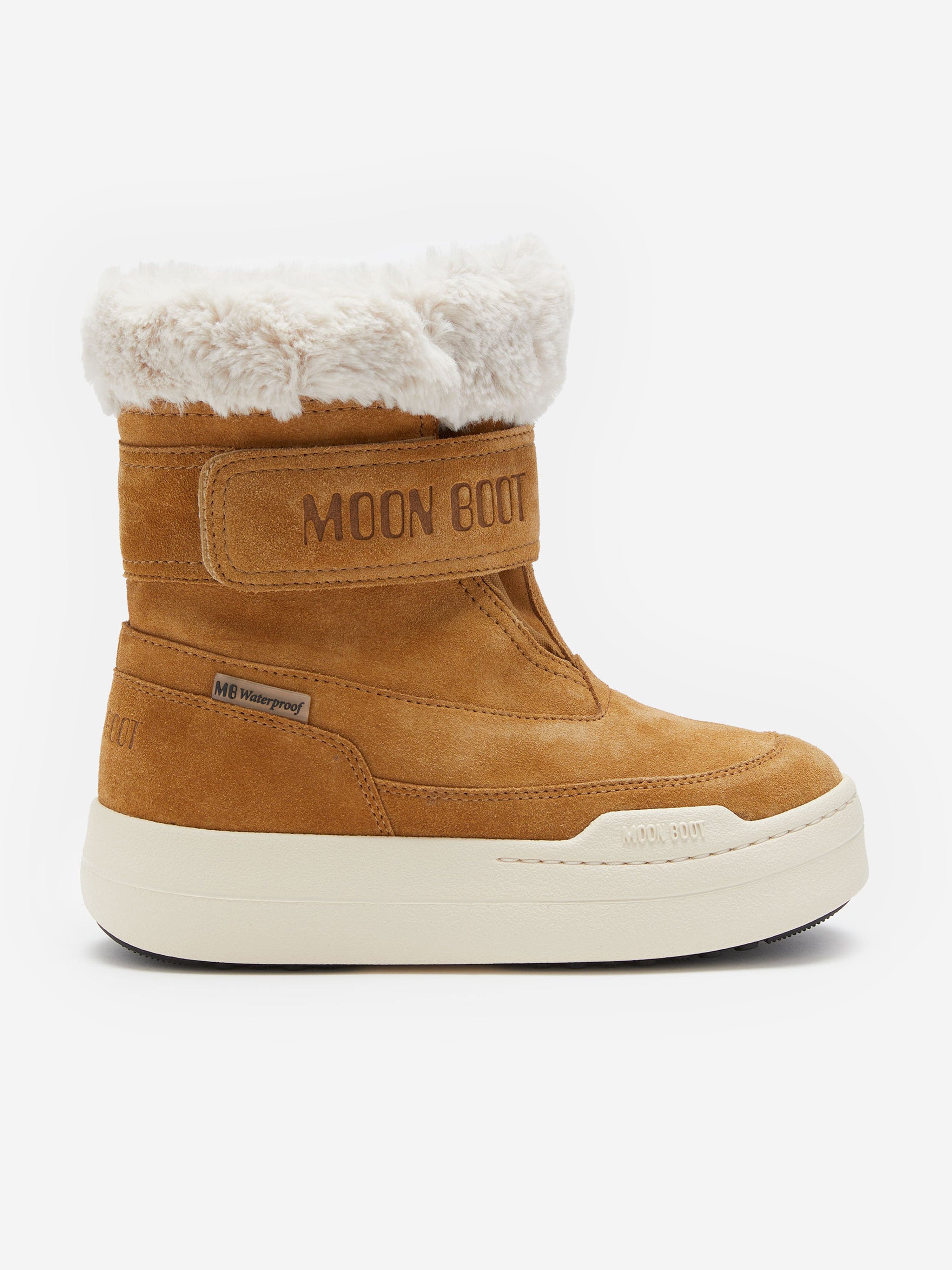 Moon Boot Girls JR Strap Suede Boots in Beige For Cheap