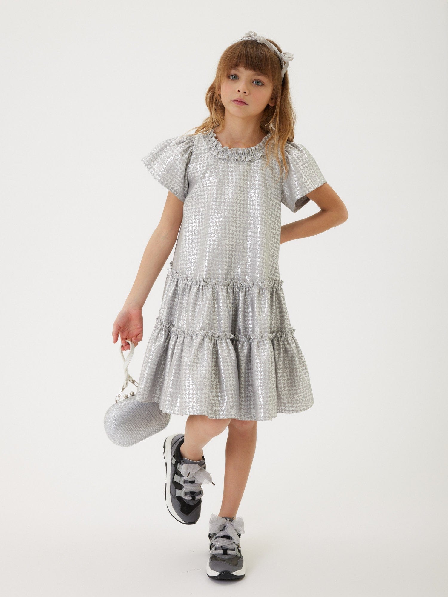 Monnalisa Girls Houndstooth Jacquard Dress in Silver Outlet Explore