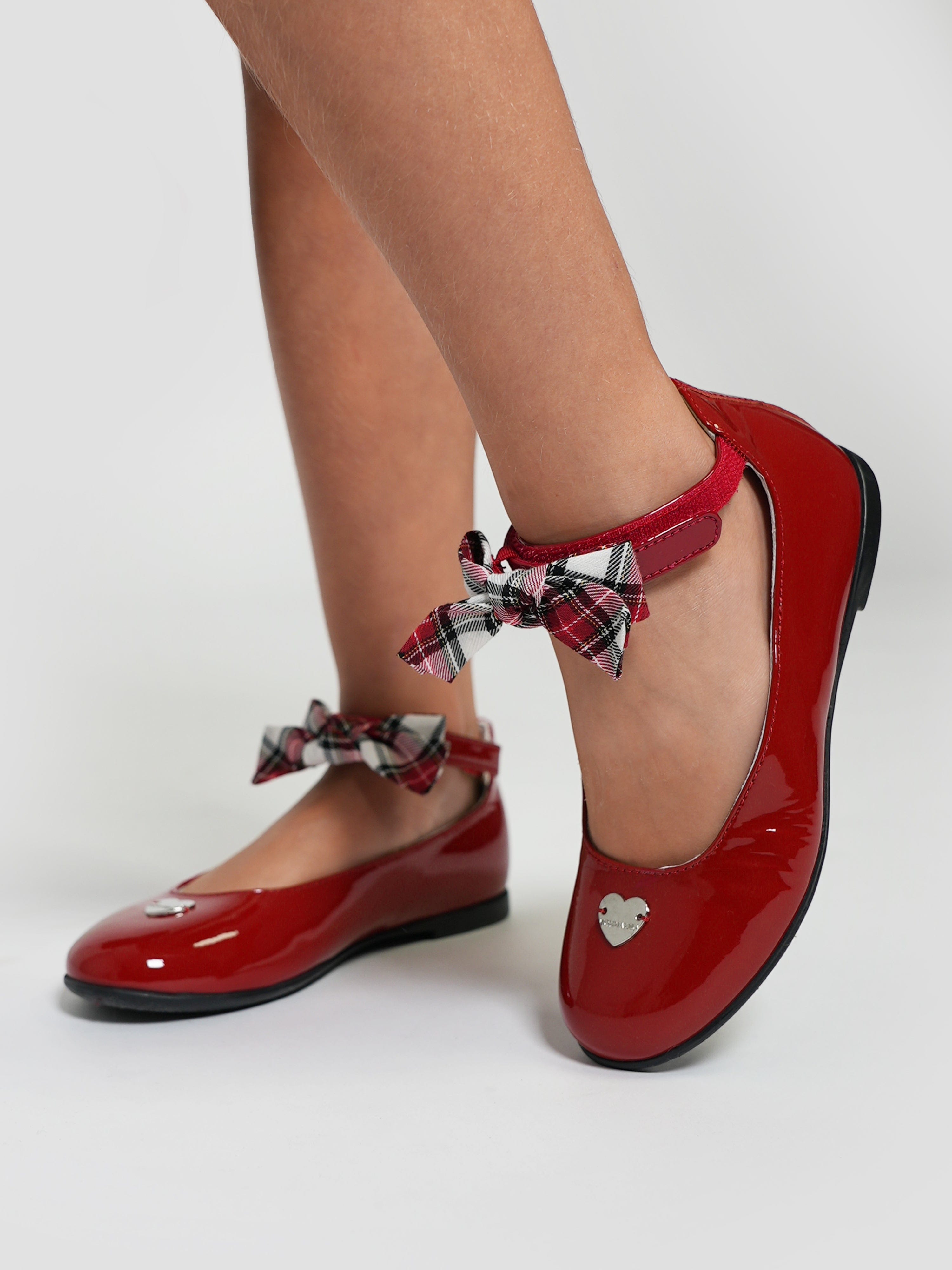 Monnalisa Girls Patent Leather Tartan Bow Shoes in Red For Nice
