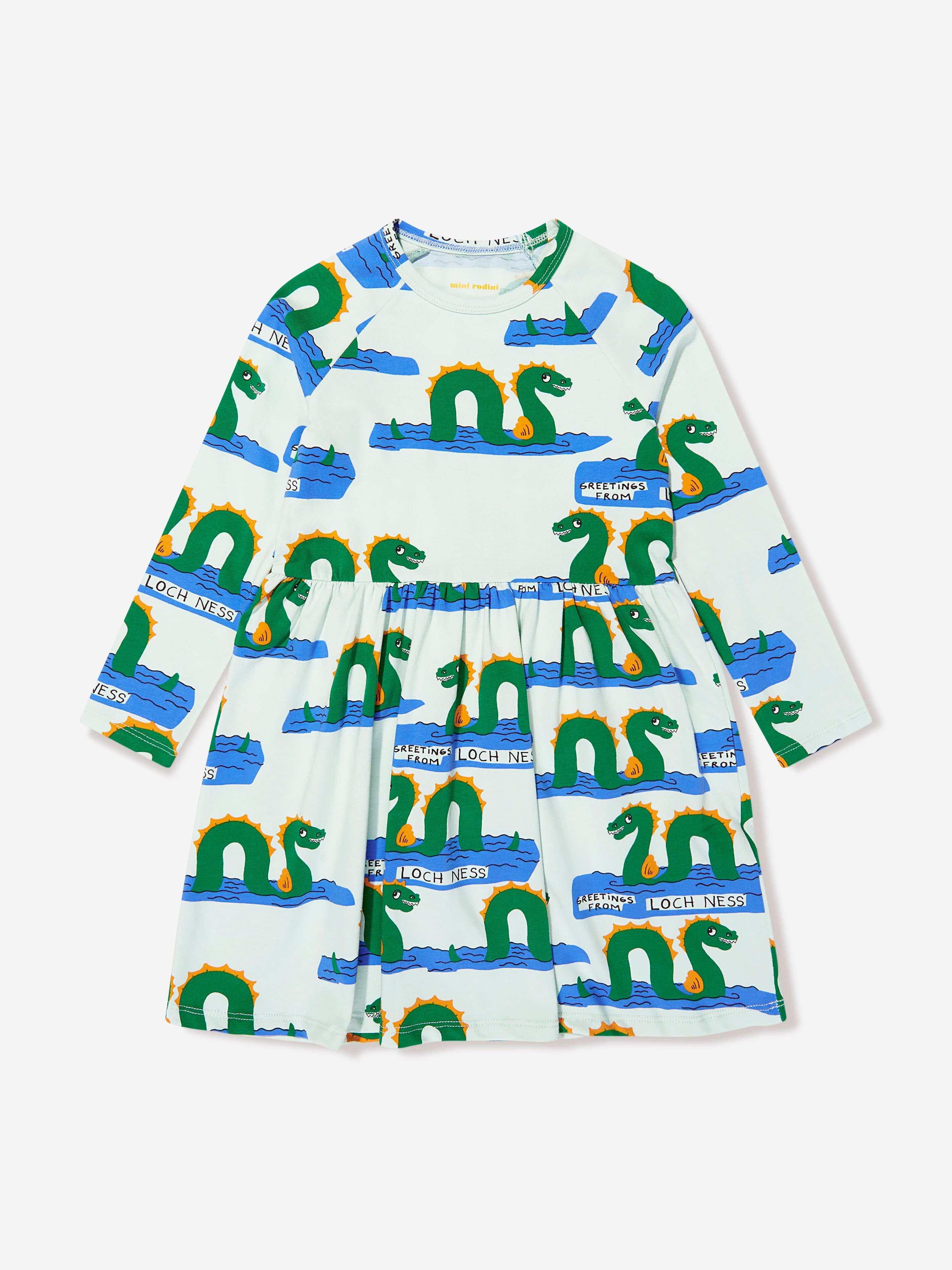 Mini Rodini Girls Organic Cotton Loch Ness Long Sleeve Dress in Green Cheap Sale Pay With Visa