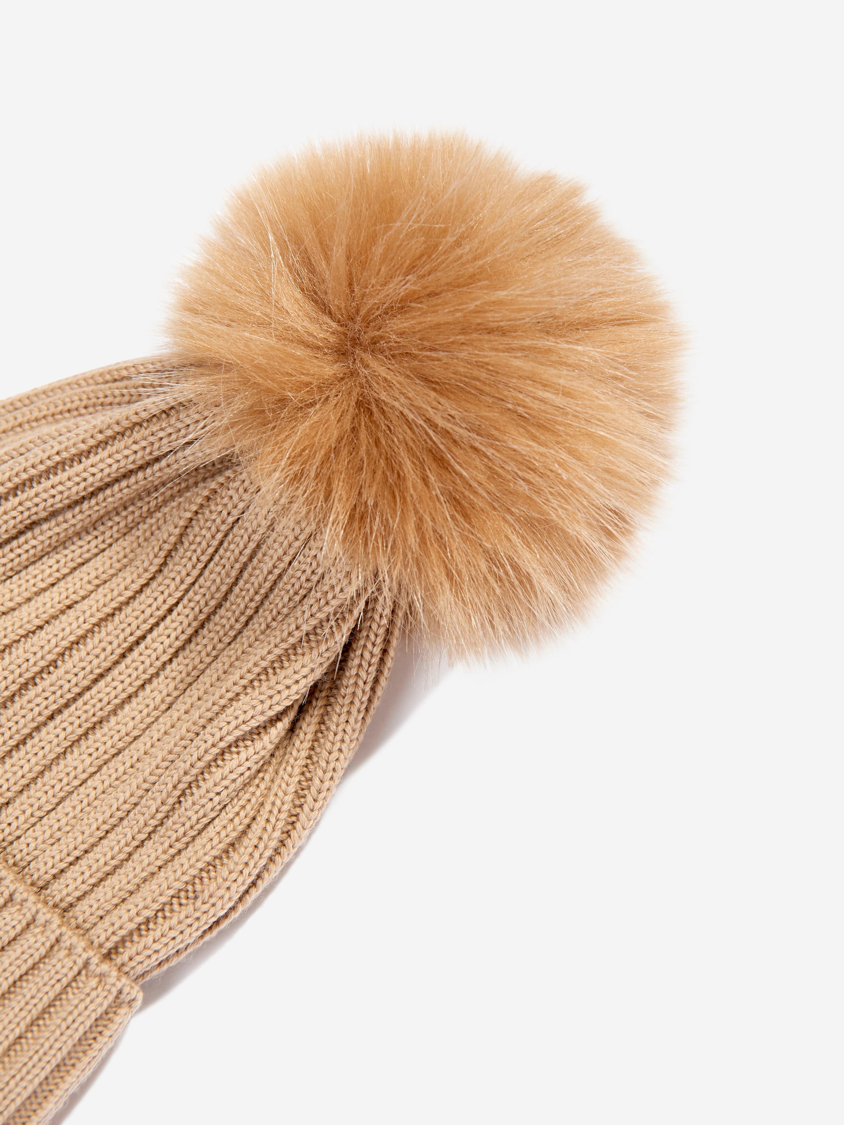 Moncler Enfant Girls Wool Pom Pom Hat in Brown Under 70 Dollars