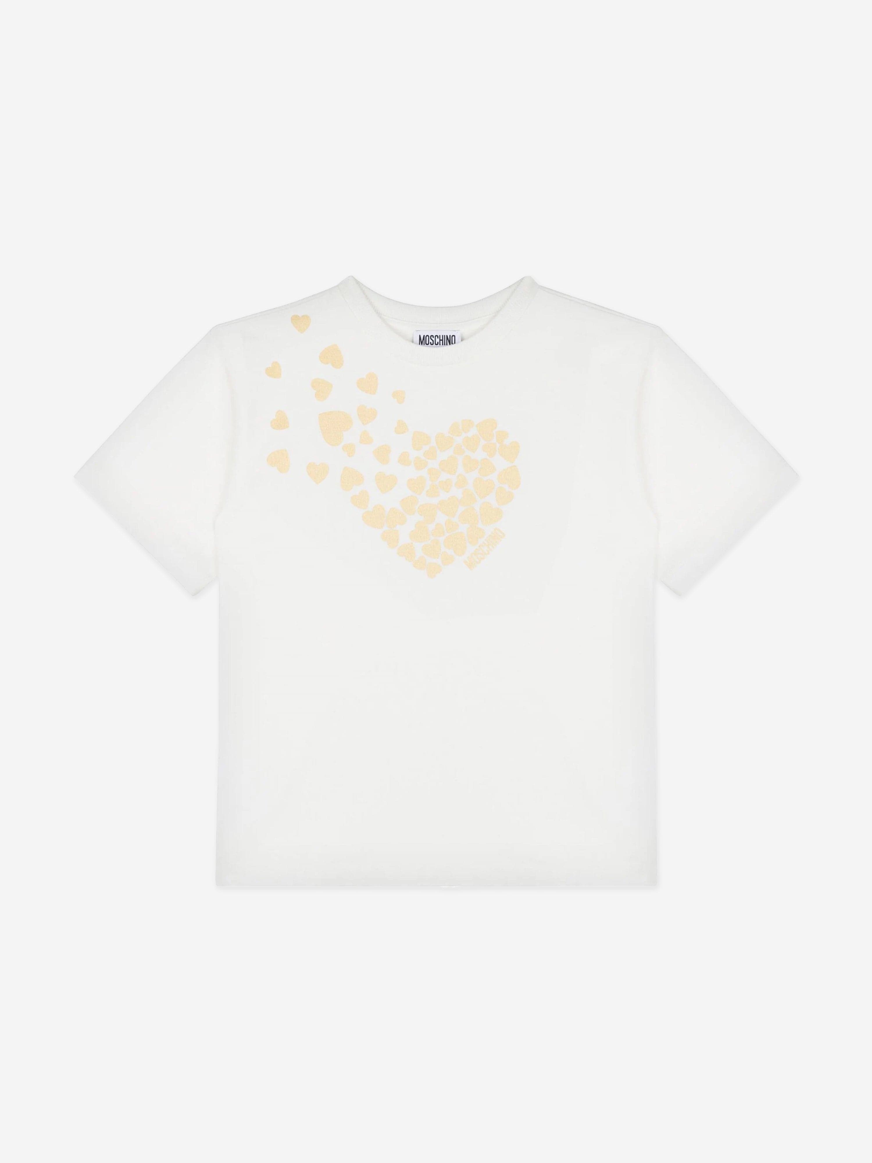 Moschino Girls Heart Logo T-Shirt in Ivory Sale Shop Offer