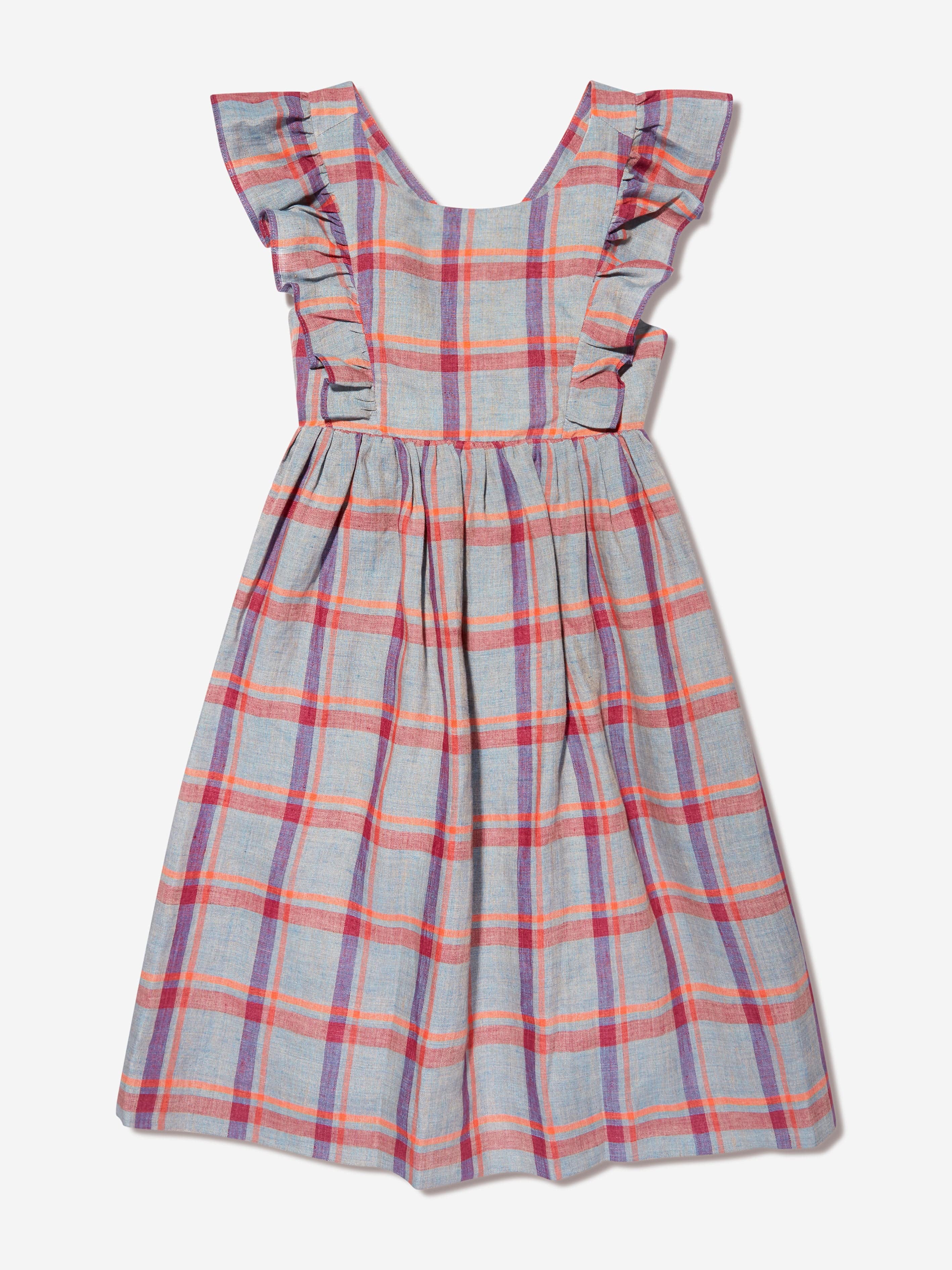 Bonpoint Girls Checked Linen Carole Dress in Grey Cheap Pirce