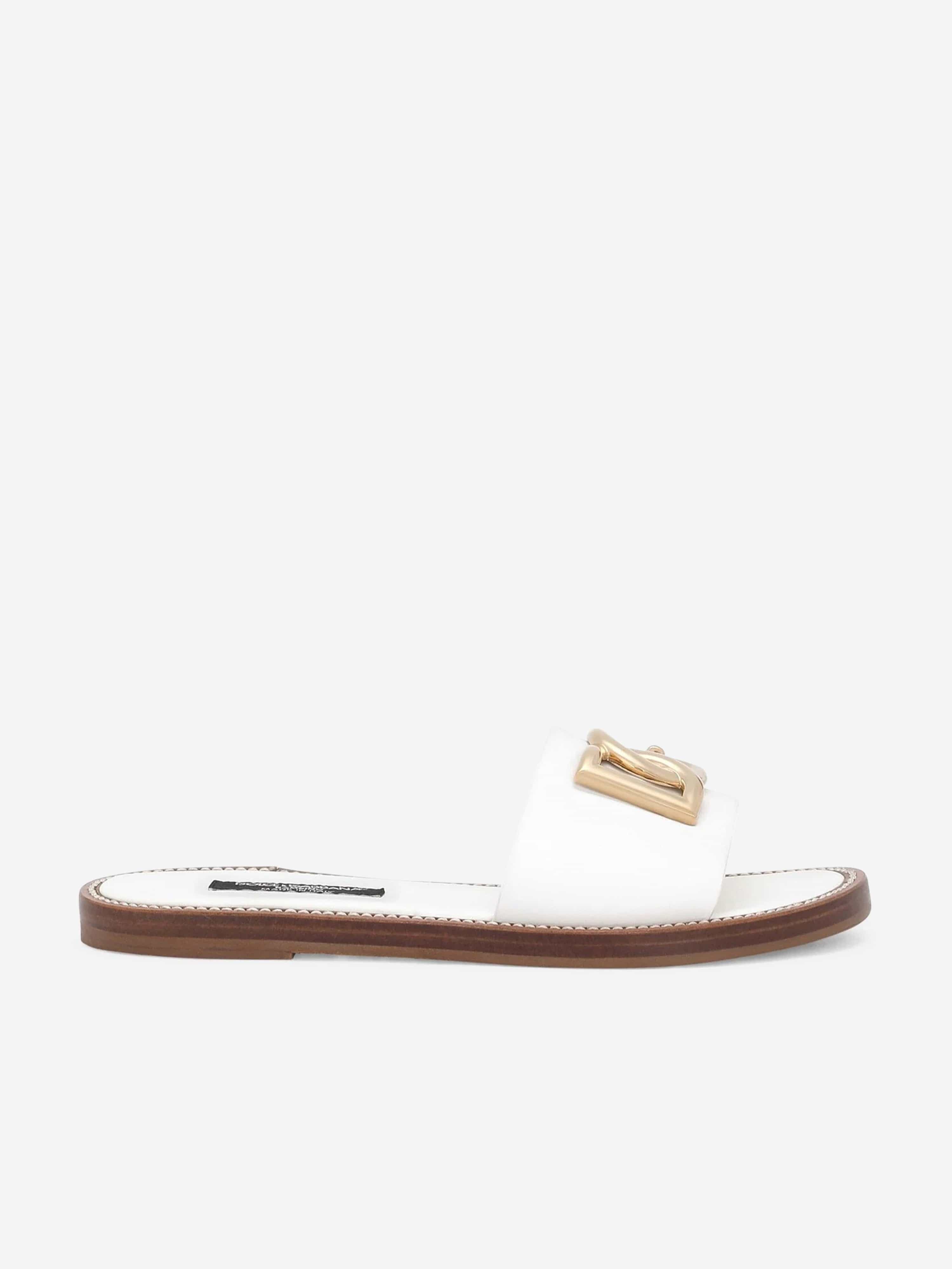 Dolce & Gabbana Girls Leather Logo Flat Slides in White Professional