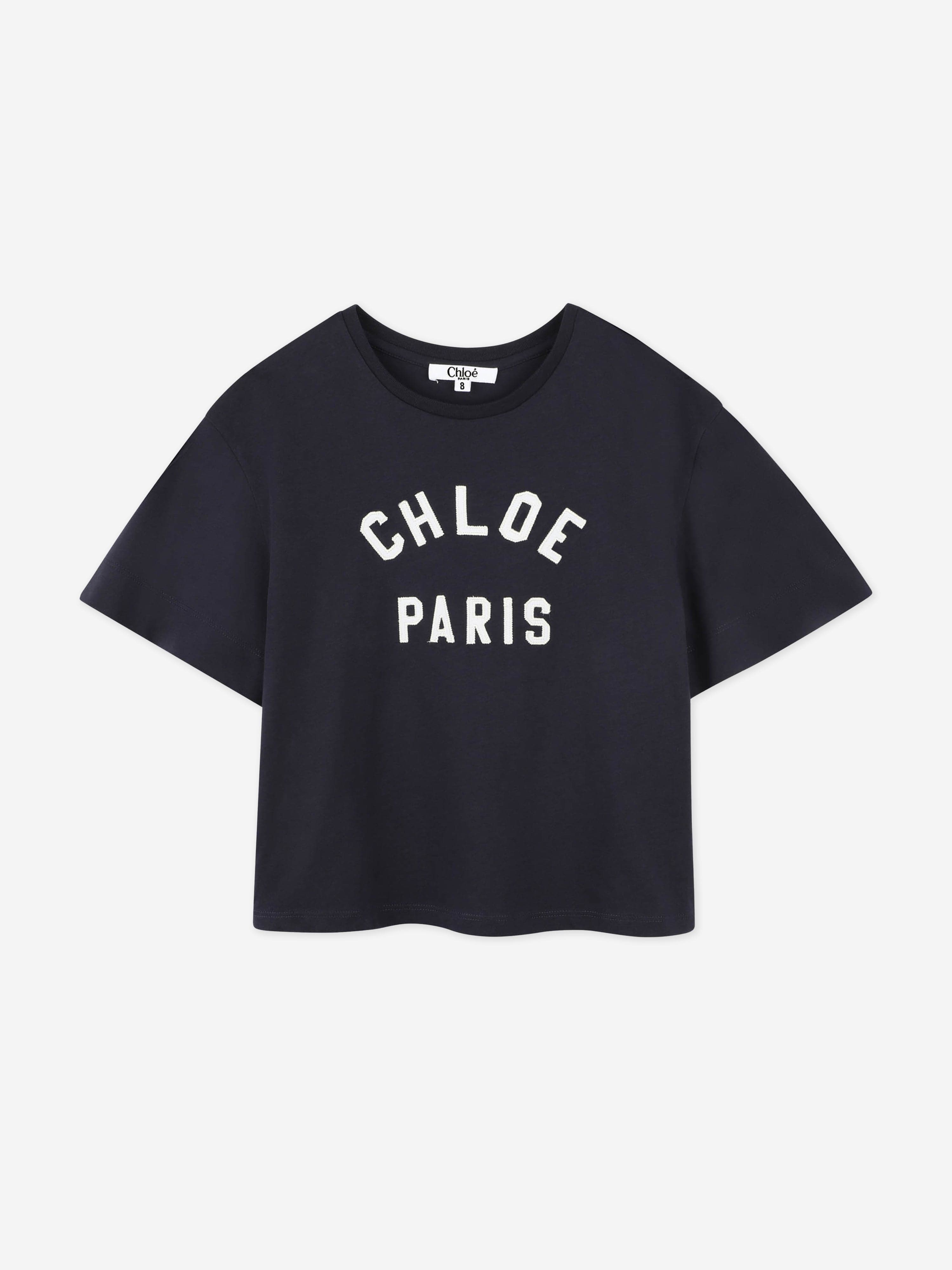 Chlo¨¦ Girls Embroidered Paris Logo T-Shirt in Navy Discount Exclusive