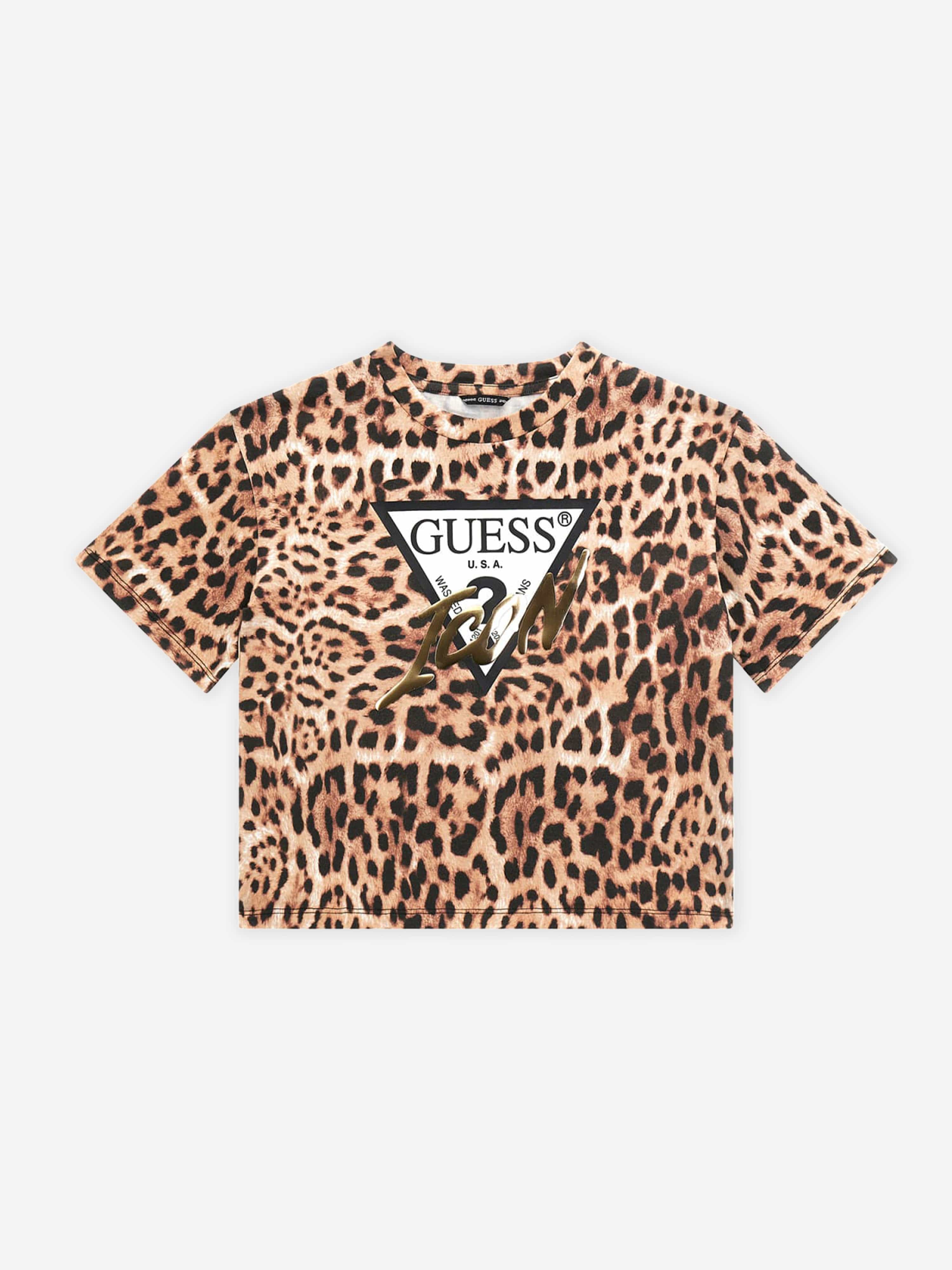 Guess Girls Leopard Print Logo T-Shirt in Brown Sale Top Quality