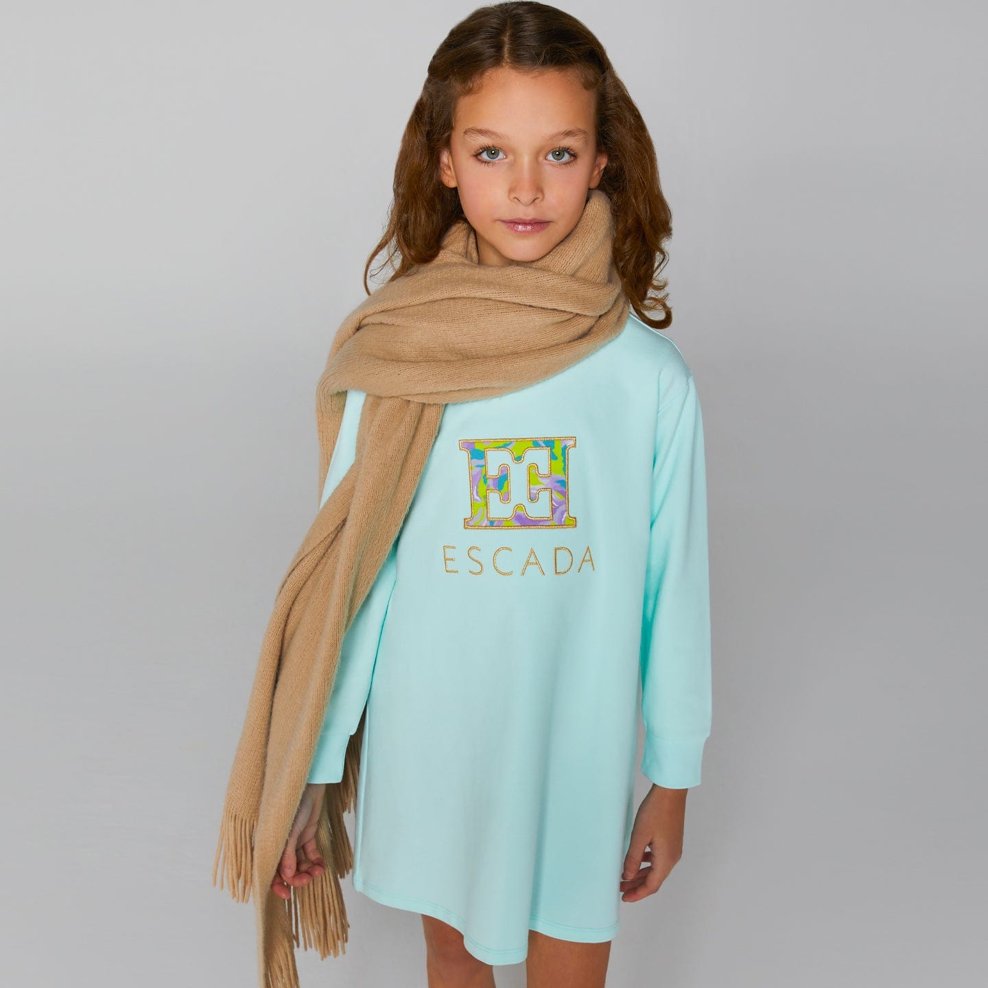 Escada Girls Embroidered Logo Sweater Dress in Blue Outlet Recommend