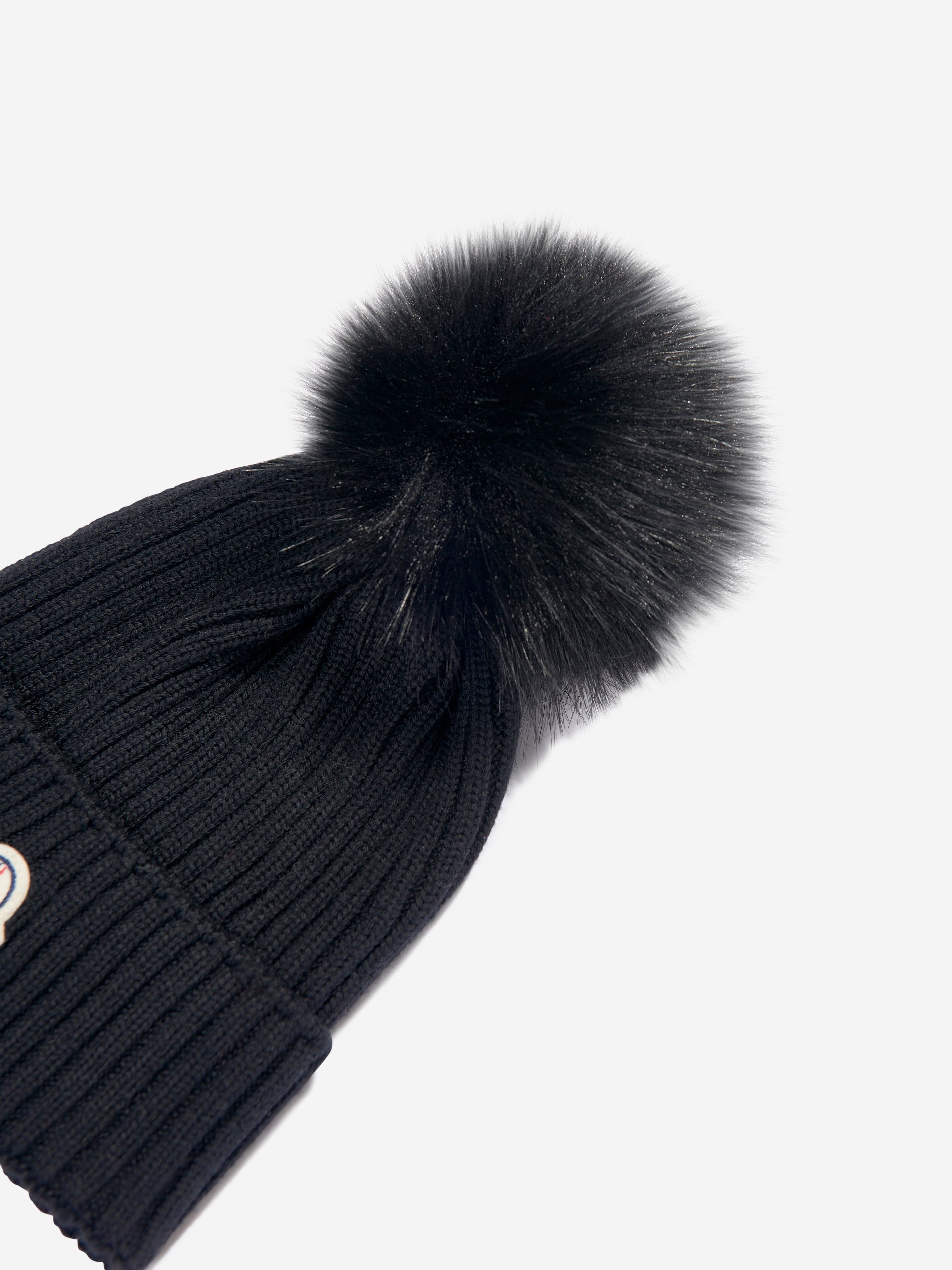 Moncler Enfant Girls Wool Pom Pom Hat in Black Store Sale
