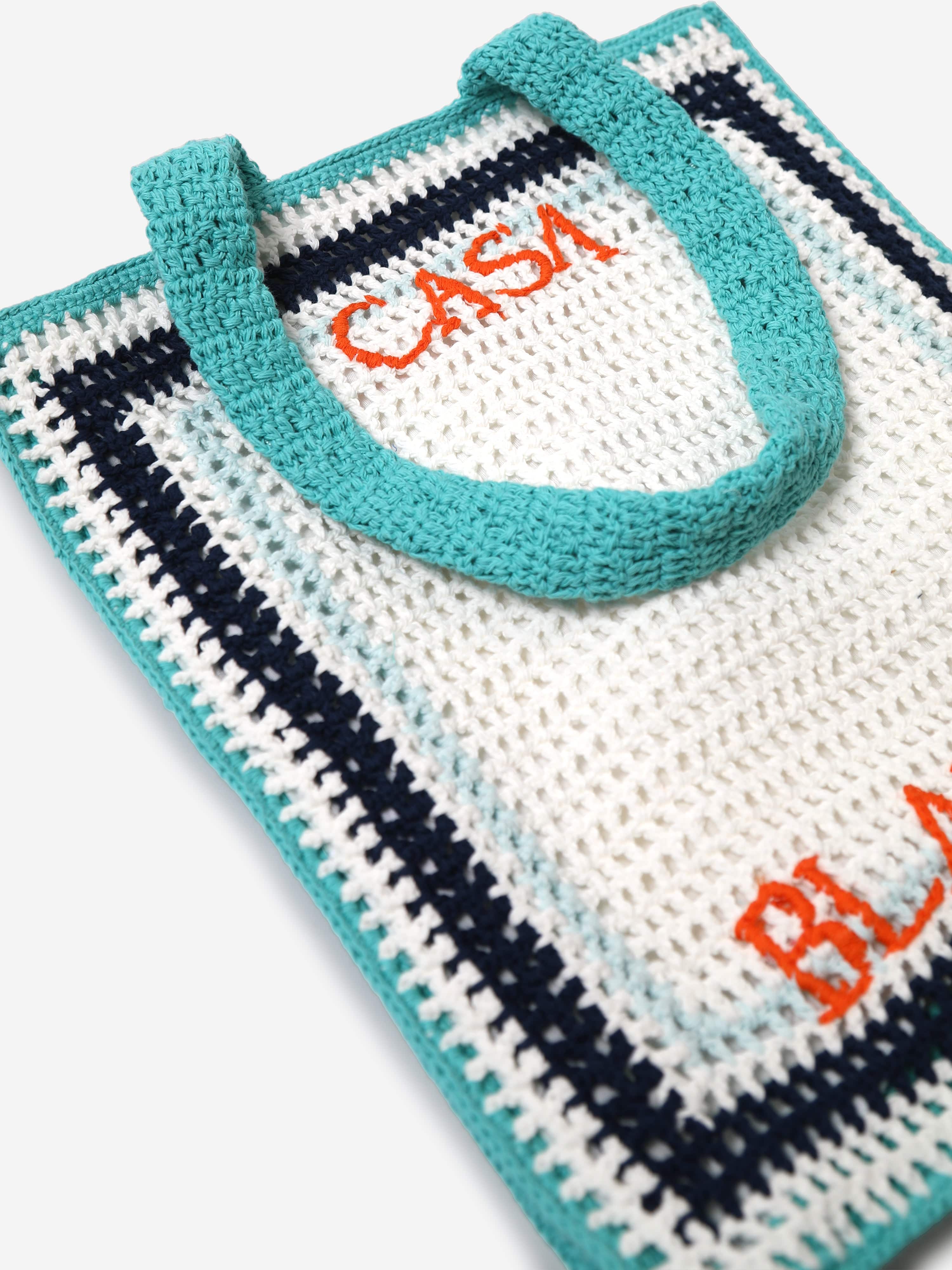 Girls Crochet Tennis Stripe Tote Bag in Blue (36cm) Get Authentic For Sale
