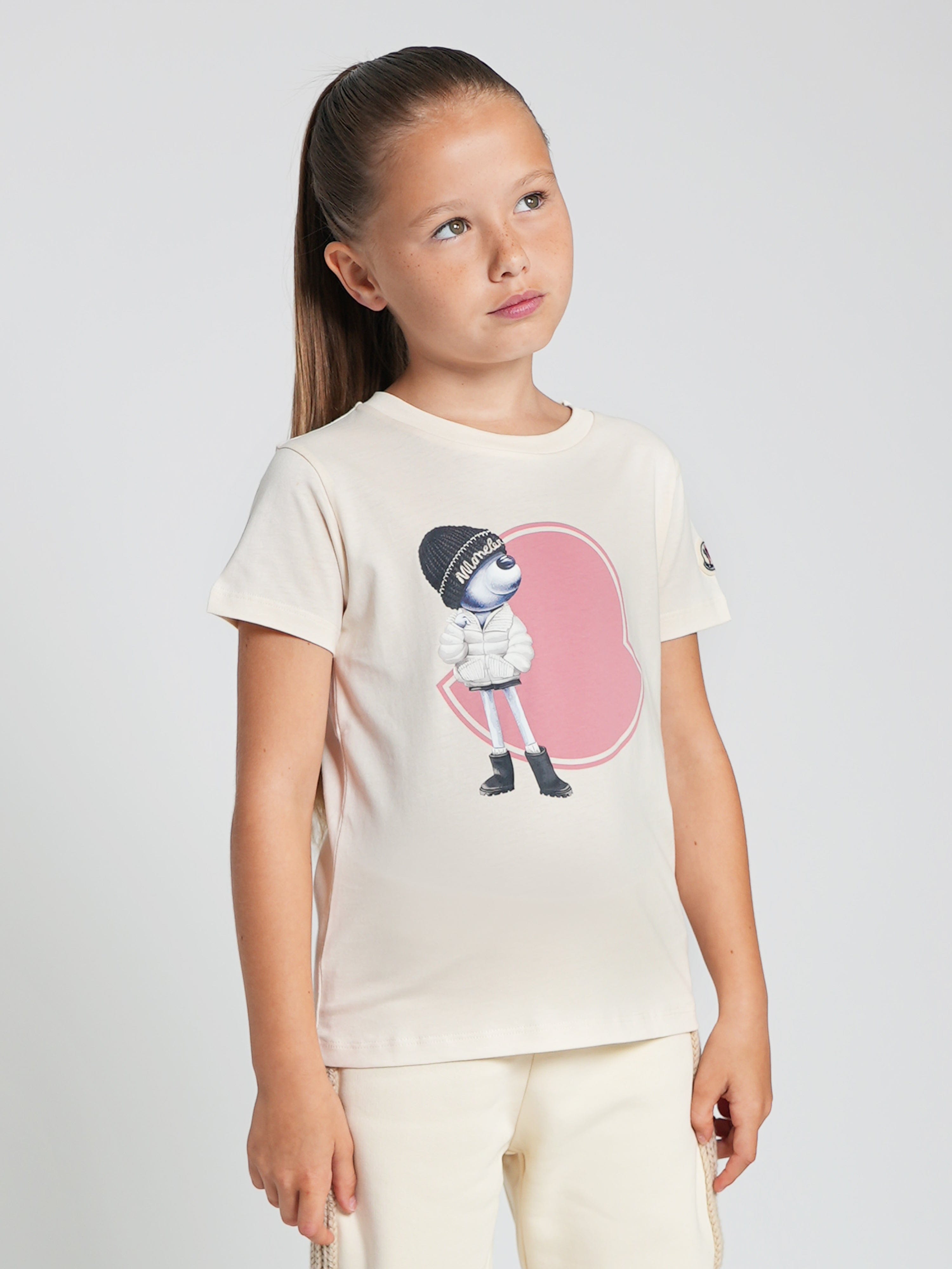 Moncler Enfant Girls Bear Motif Logo T-Shirt in Ivory Pay With Visa For Sale