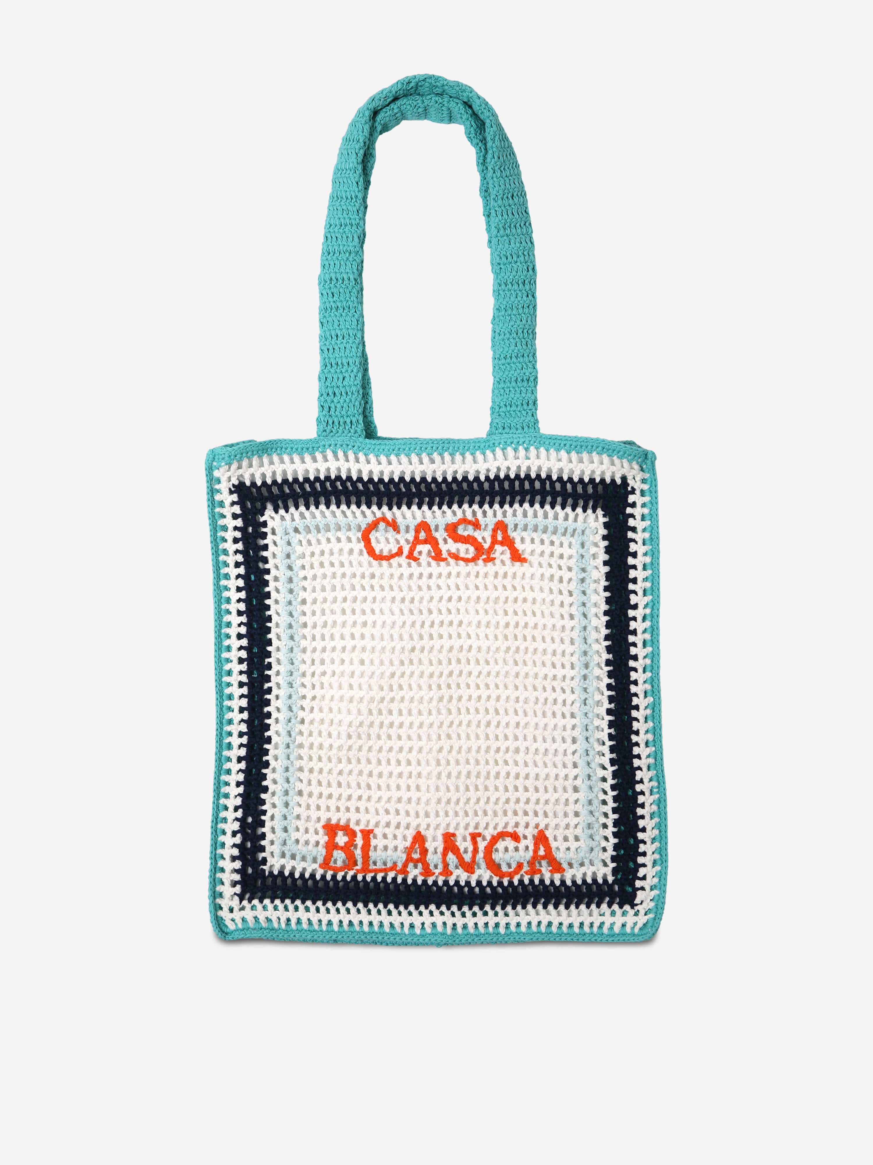 Girls Crochet Tennis Stripe Tote Bag in Blue (36cm) Get Authentic For Sale