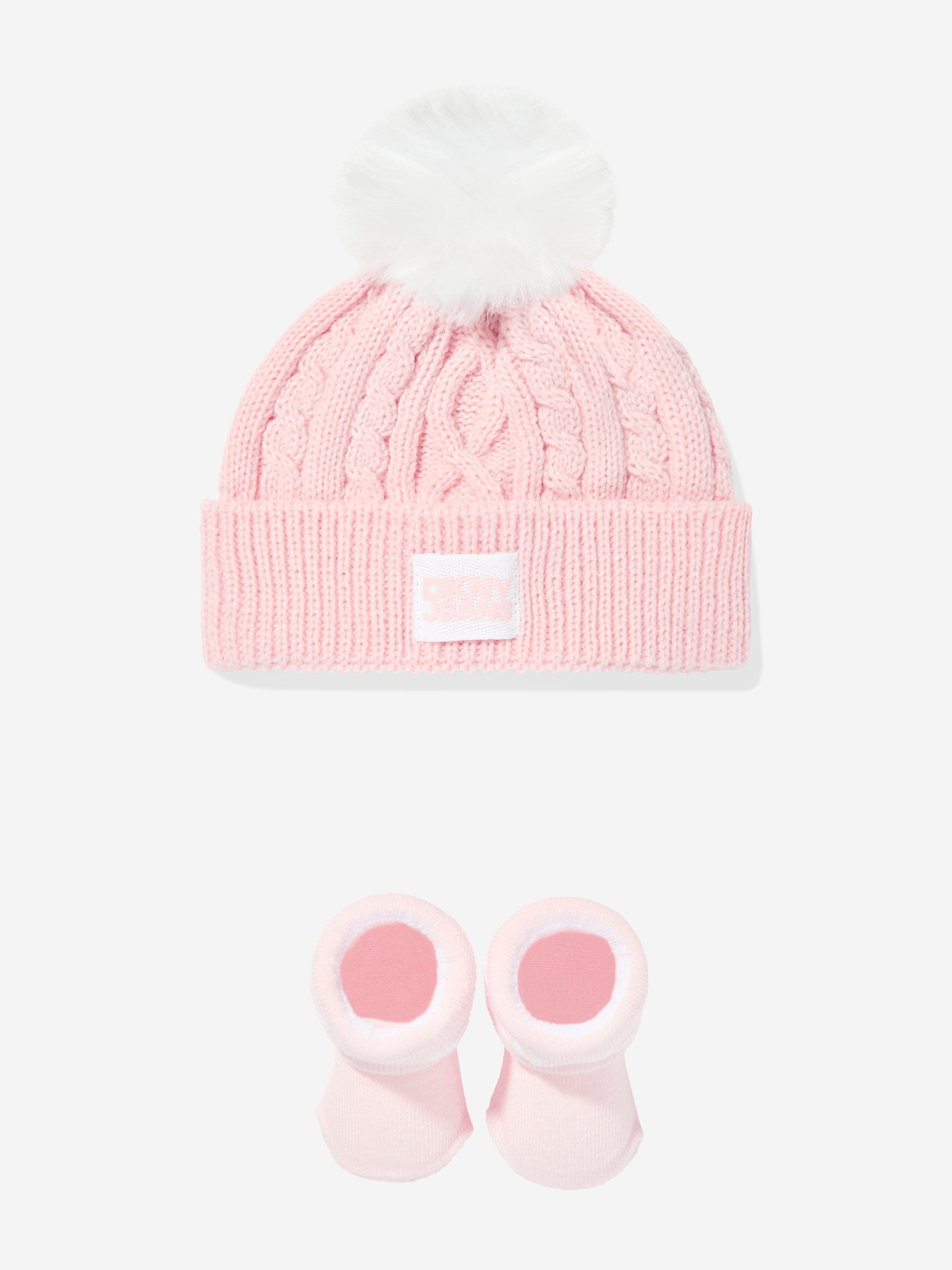 DKNY Baby Girls Pom Pom Knitted Hat and Socks Set in Pink Cost Cheap Online