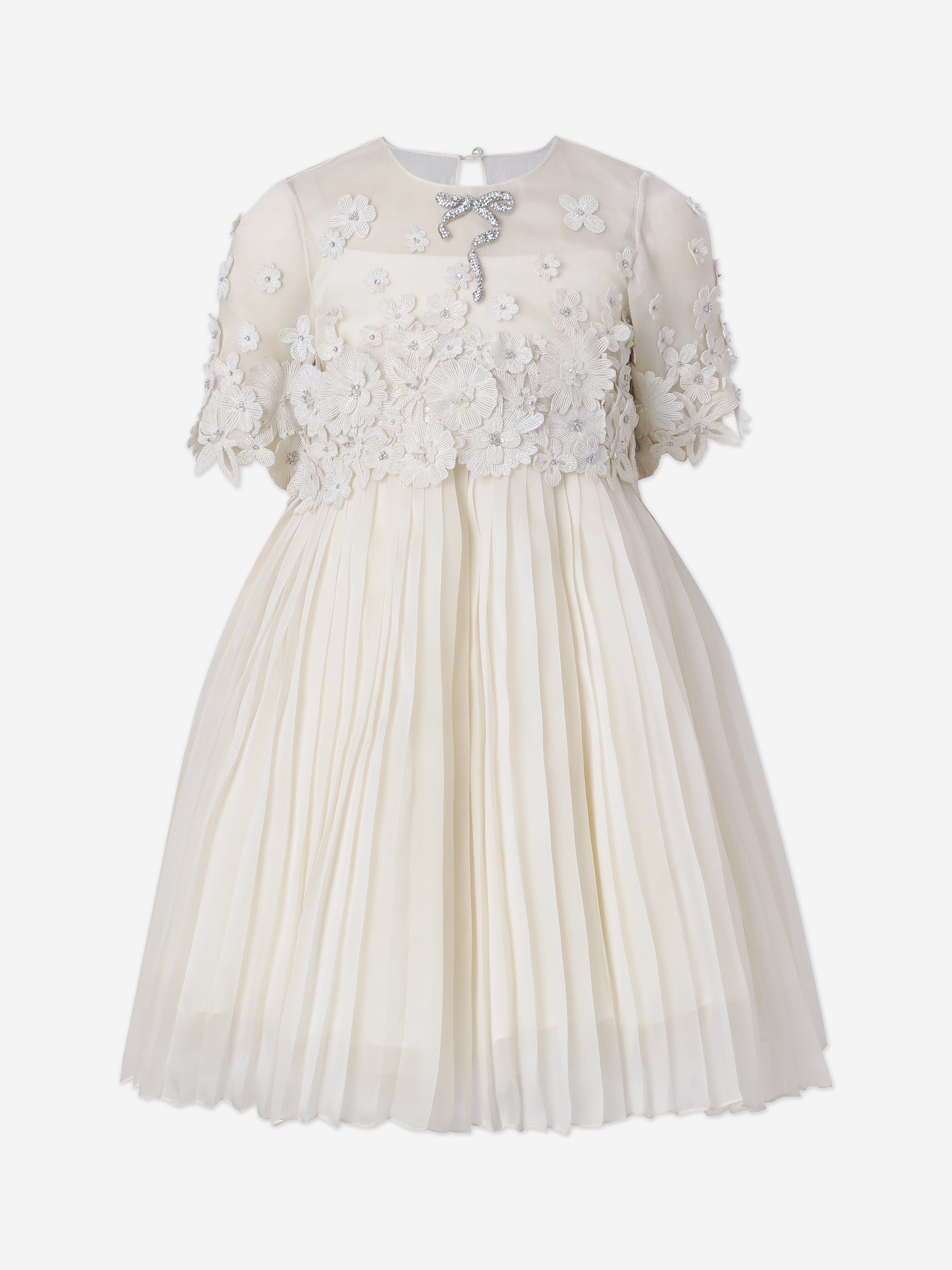 Maison Ava Girls Leonie Embroidered Pleated Dress in Ivory Cheap Sale Outlet Store