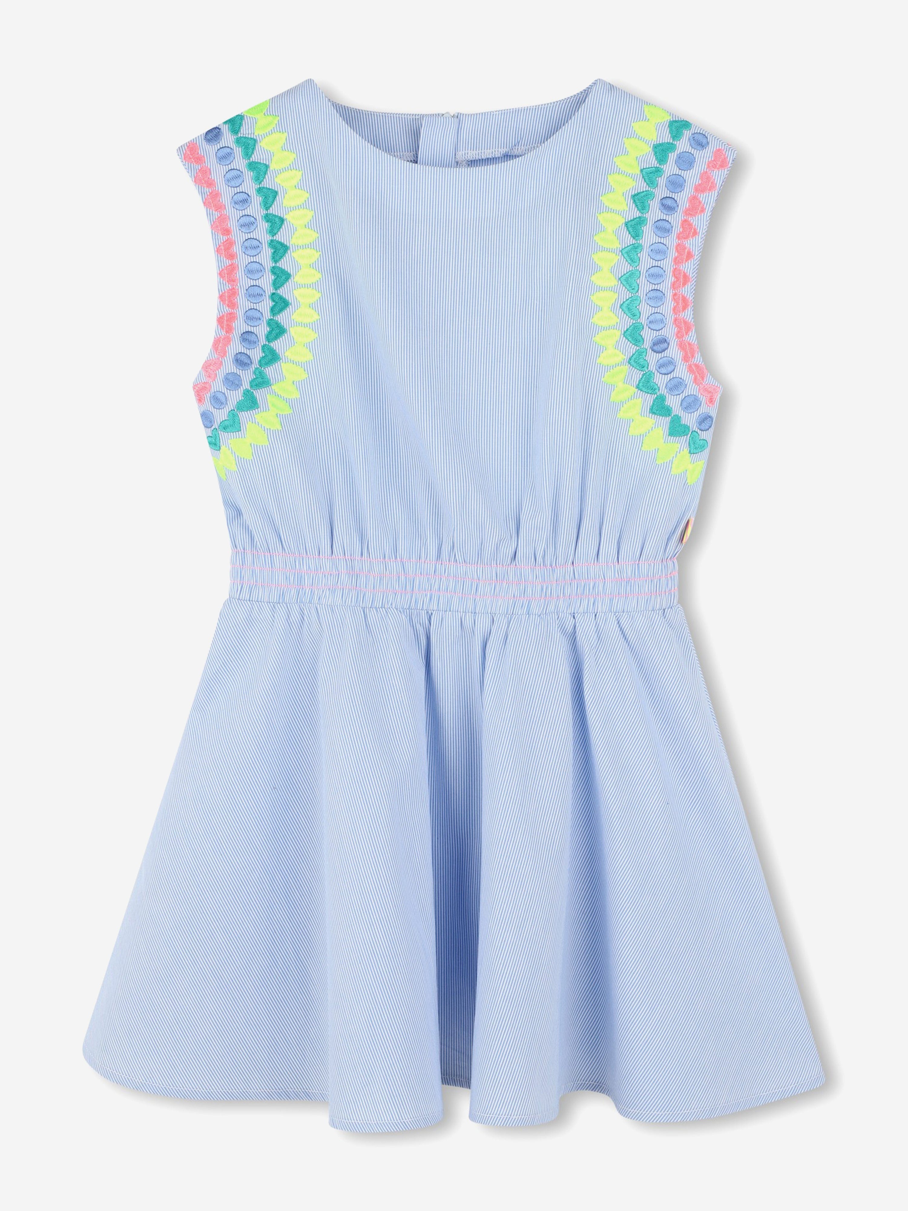 Girls Striped Embroidered Dress in Blue Cheap Sale Buy