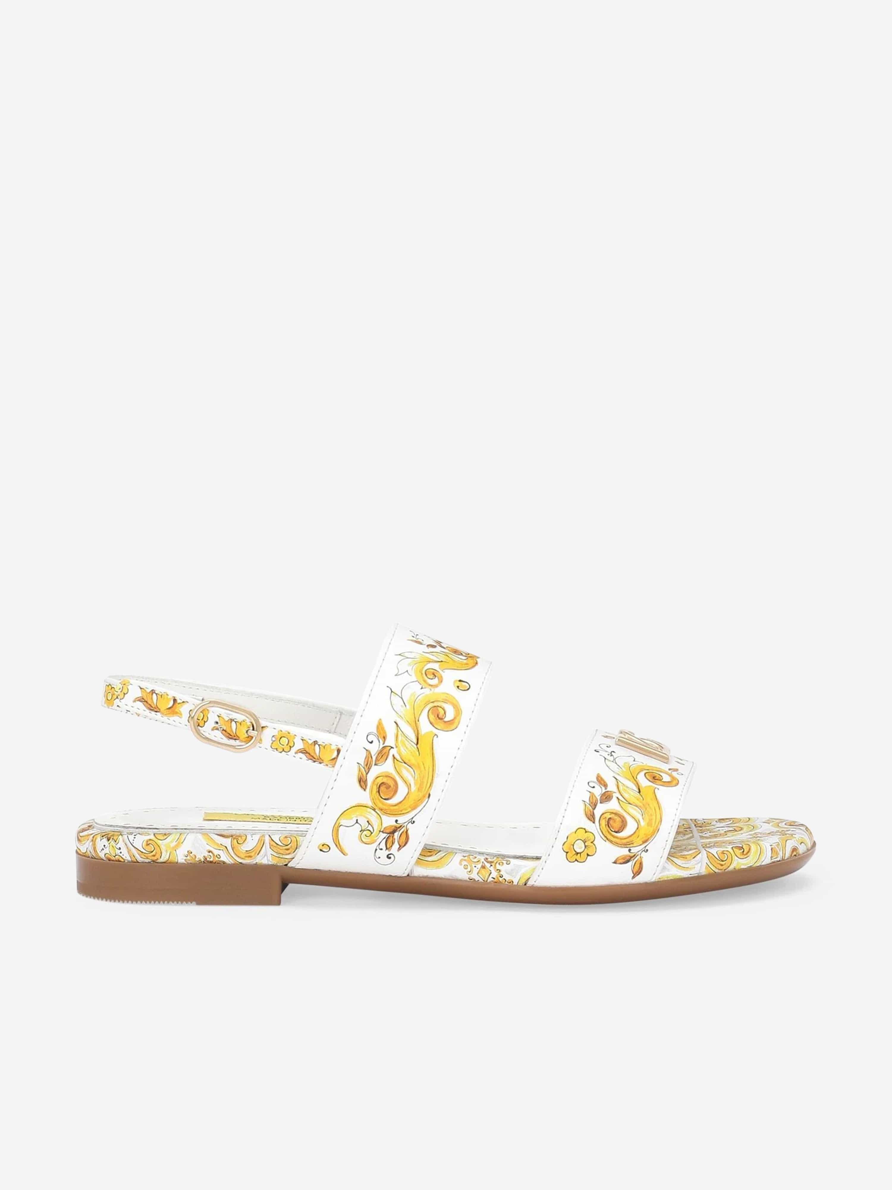 Dolce & Gabbana Girls Leather Maiolica Sandals in Yellow Discount Outlet Store