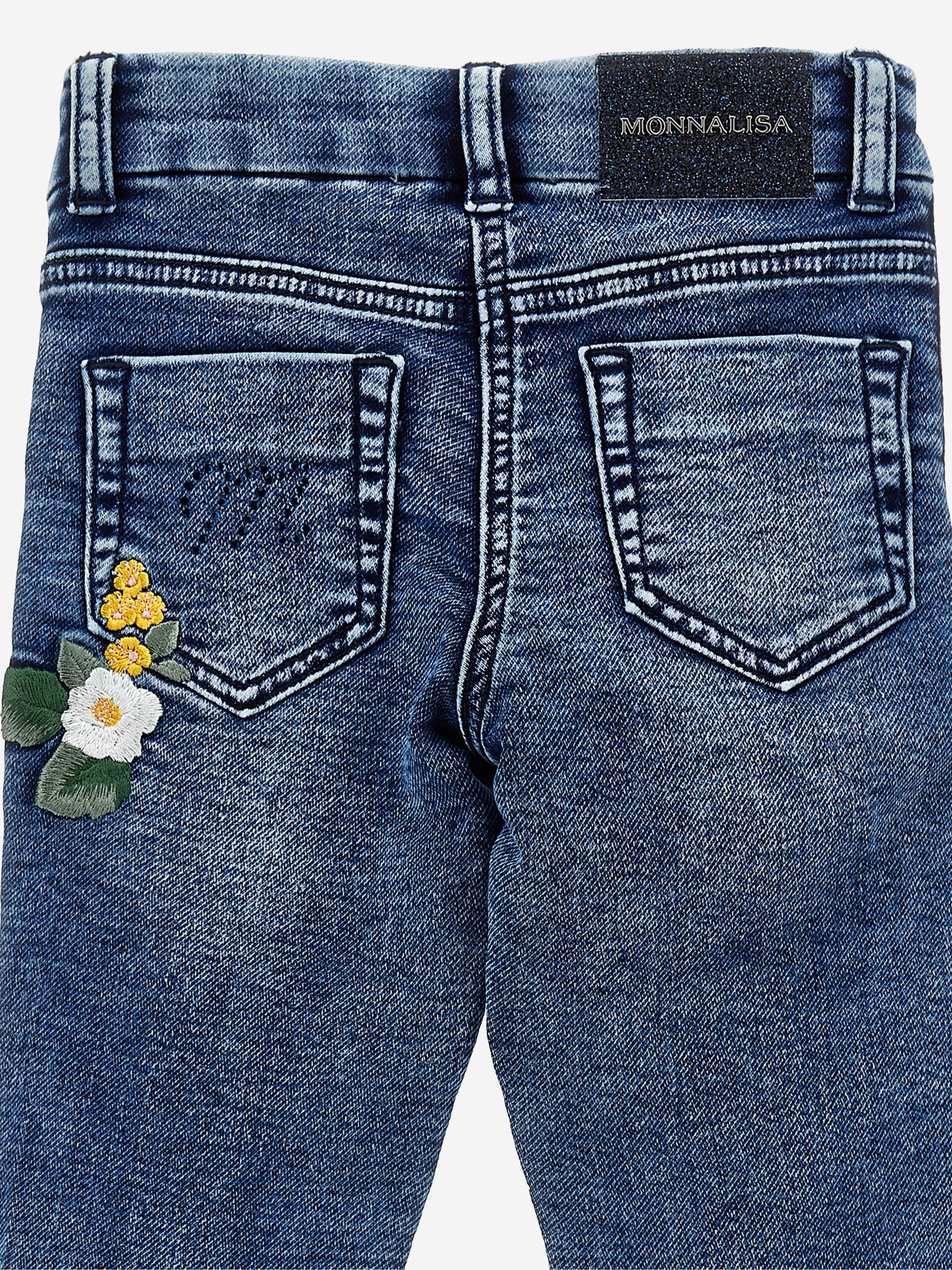 Monnalisa Girls Embroidered Denim Stretch Jeans in Blue Recommend Cheap Pice