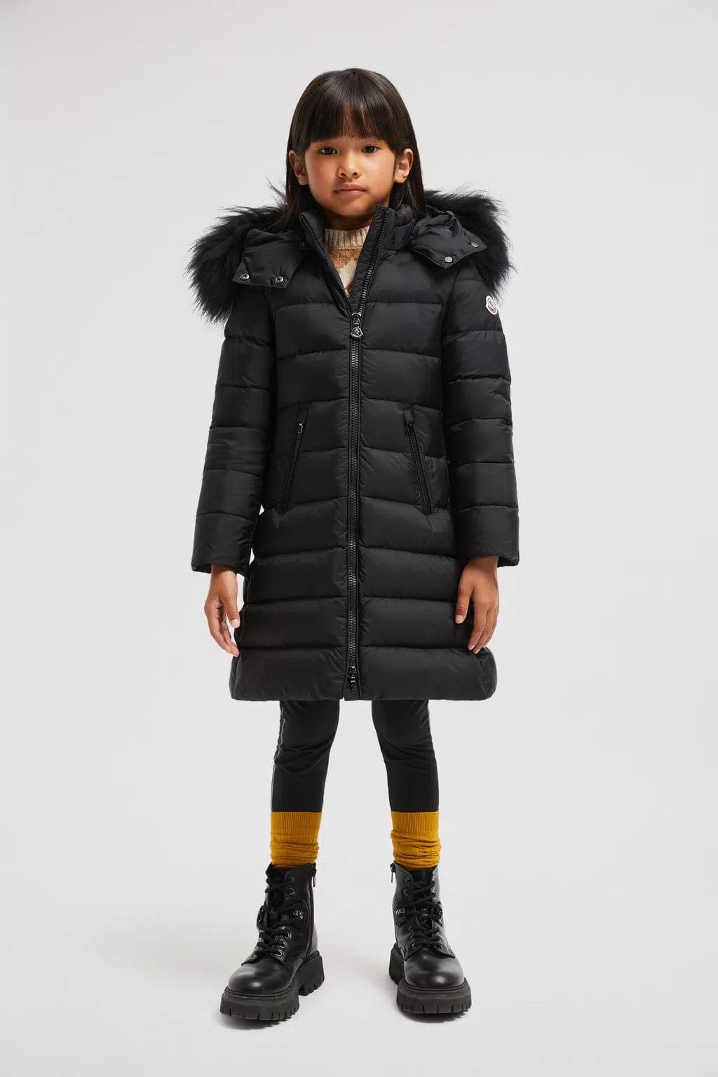 Moncler Enfant Girls Abelle Hooded Shearling Down Coat in Black Sale Wholesale Pice