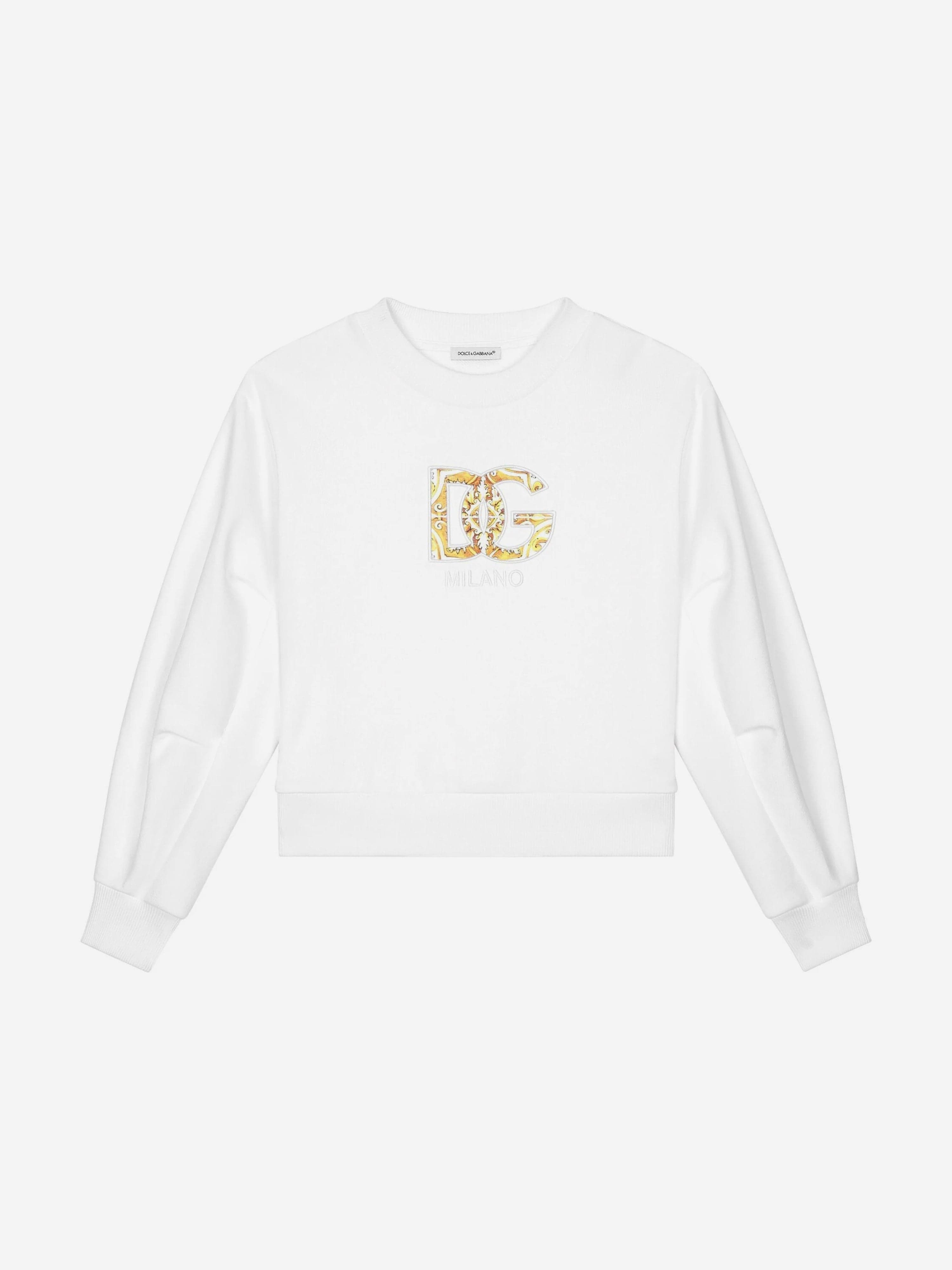 Dolce & Gabbana Girls Maiolica Logo Sweatshirt in White 100% Authentic Sale Online