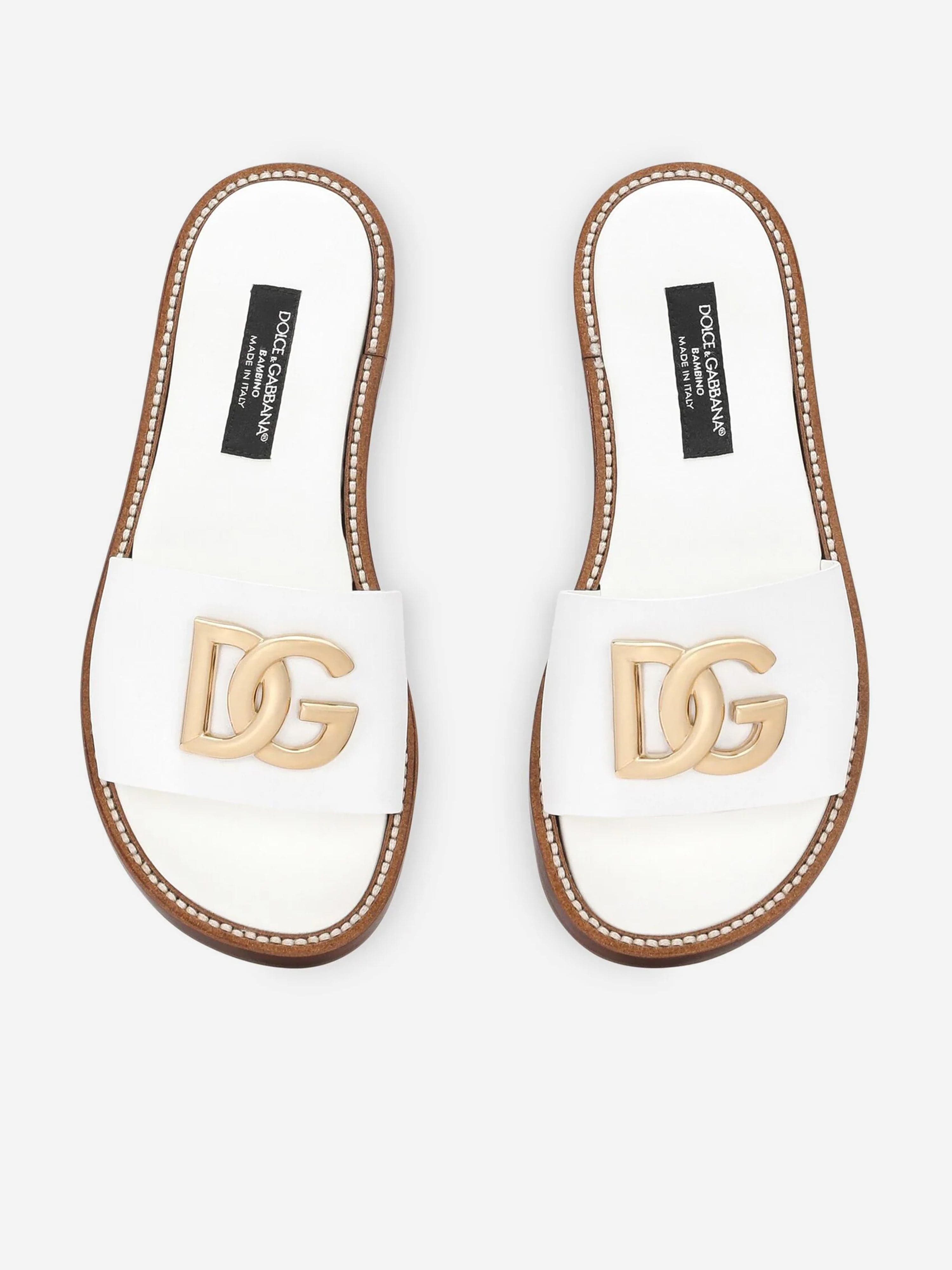 Dolce & Gabbana Girls Leather Logo Flat Slides in White Professional