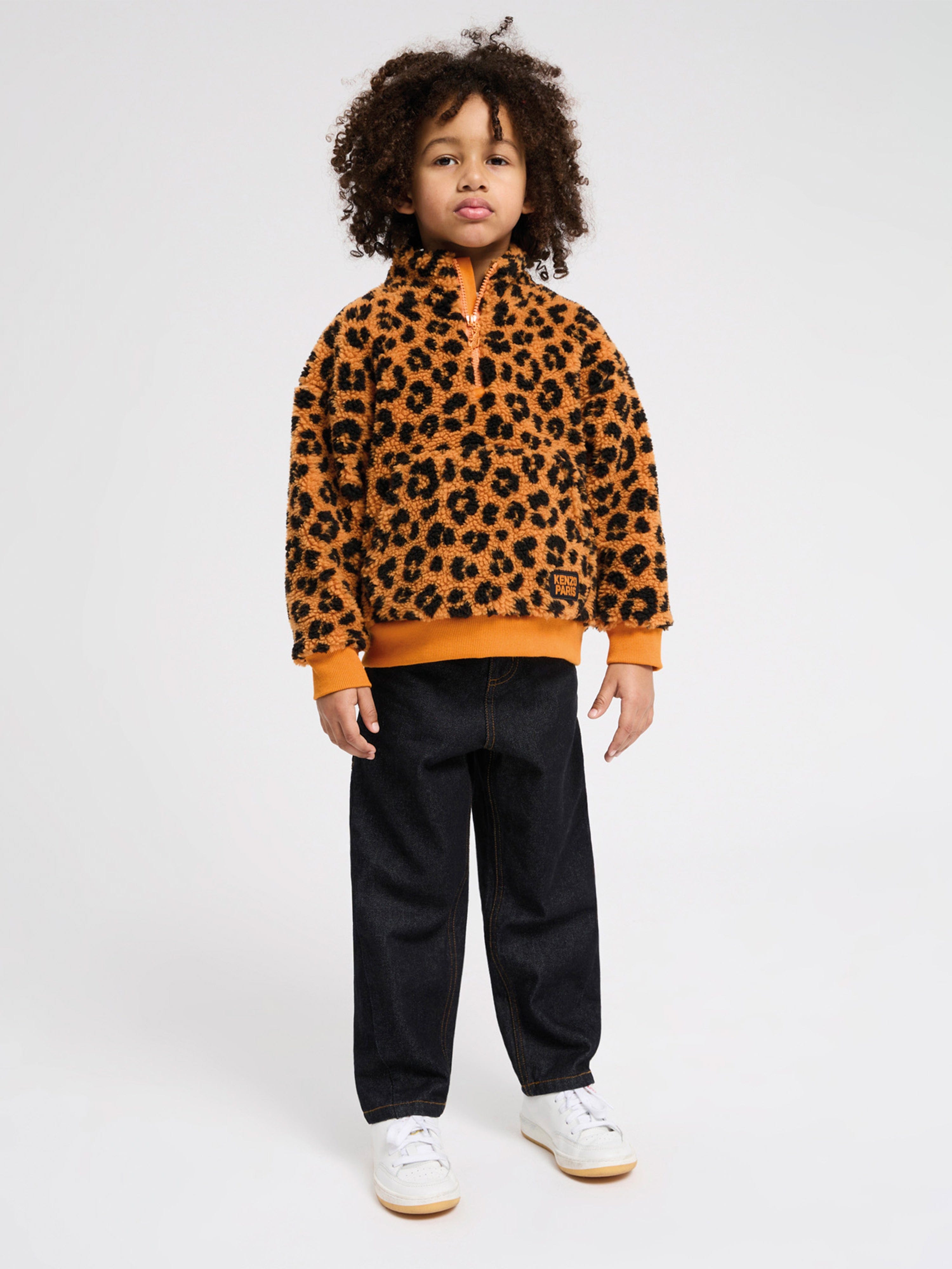 KENZO Kids Leopard Half Zip Sweatshirt in Orange Cheap Shop