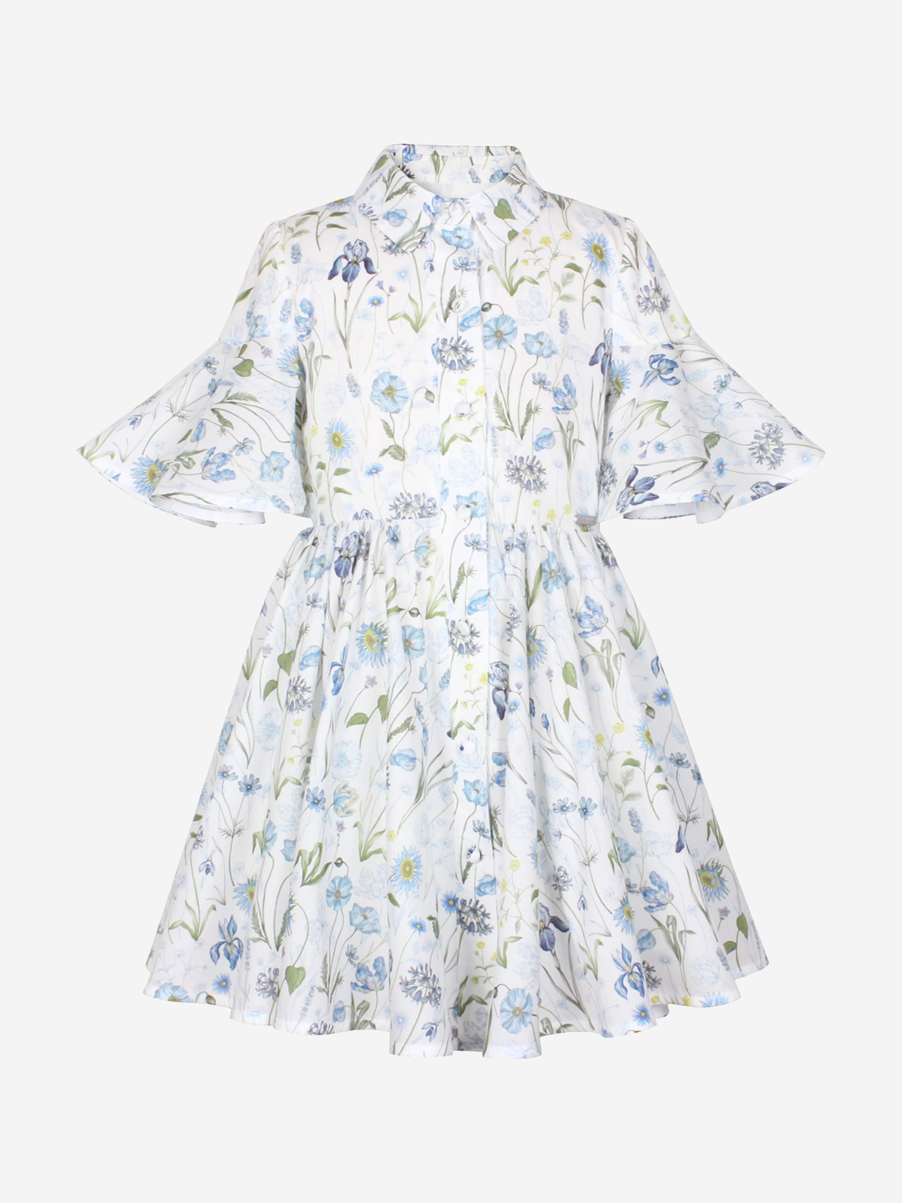 Jessie And James Girls Little Sister Blue Medaow Print Dress in White Classic