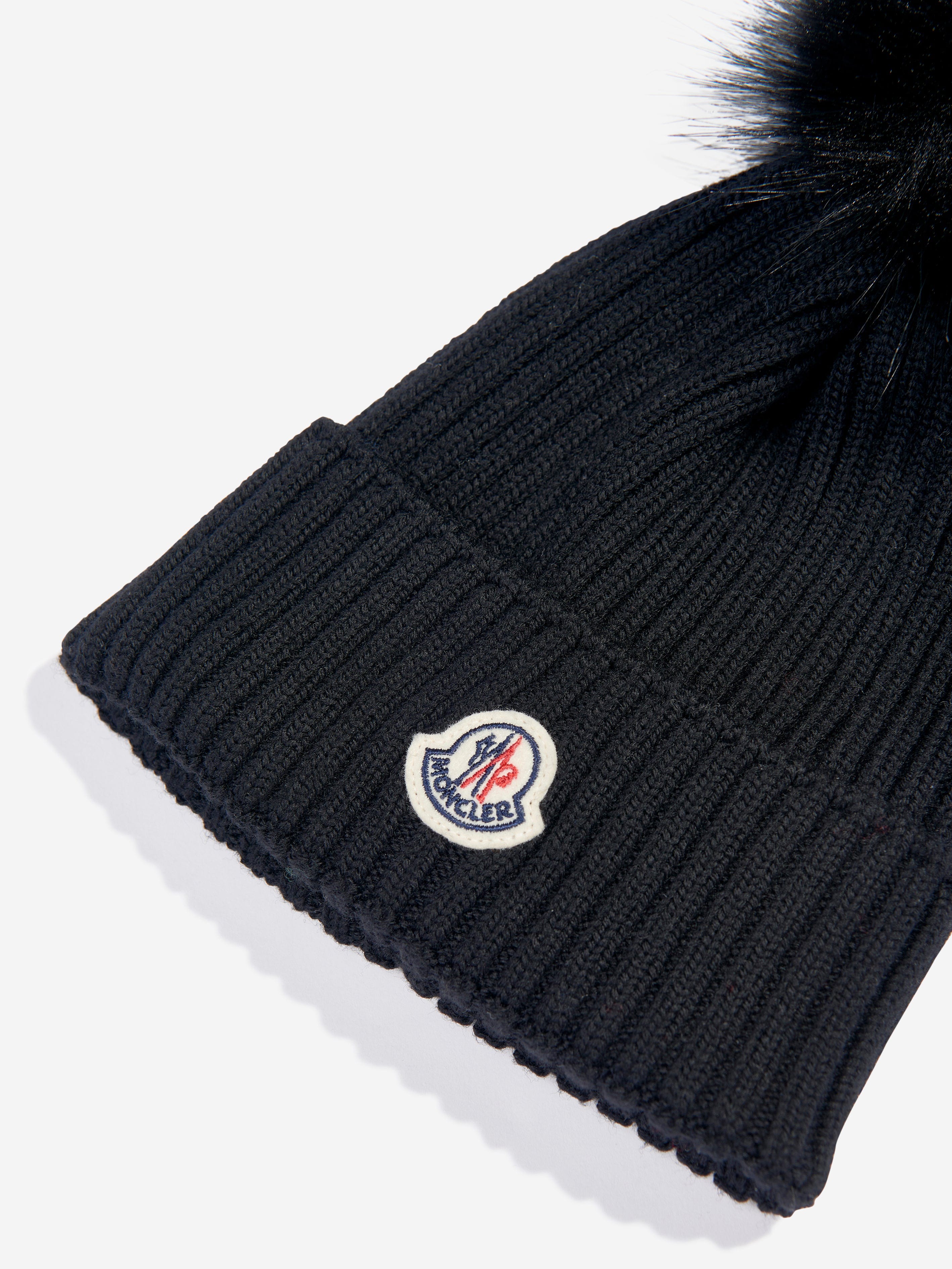 Moncler Enfant Girls Wool Pom Pom Hat in Black Store Sale