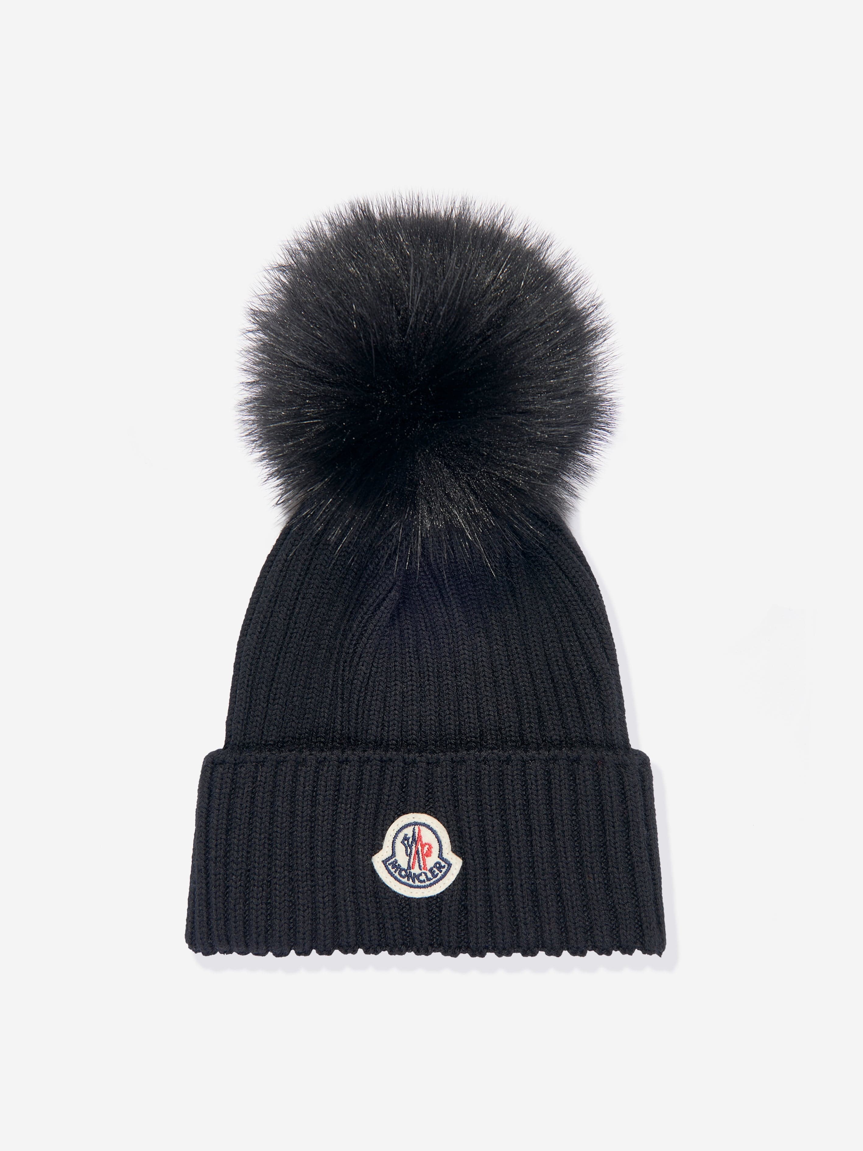 Moncler Enfant Girls Wool Pom Pom Hat in Black Store Sale