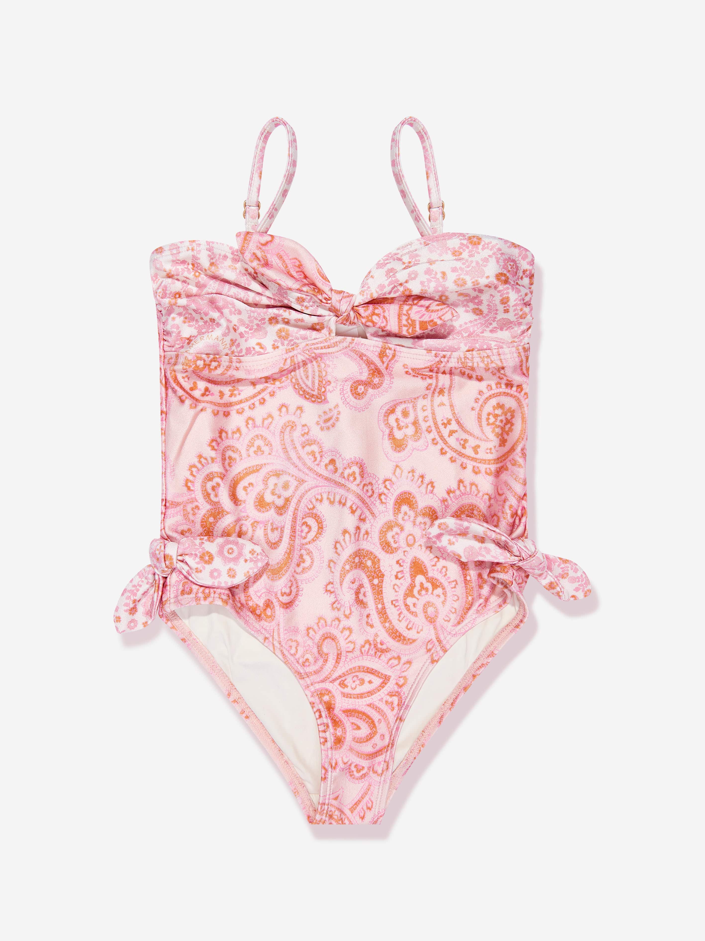 Zimmermann Girls Paisley Ottie Tie Front Swimsuit in Pink Cheap Pice