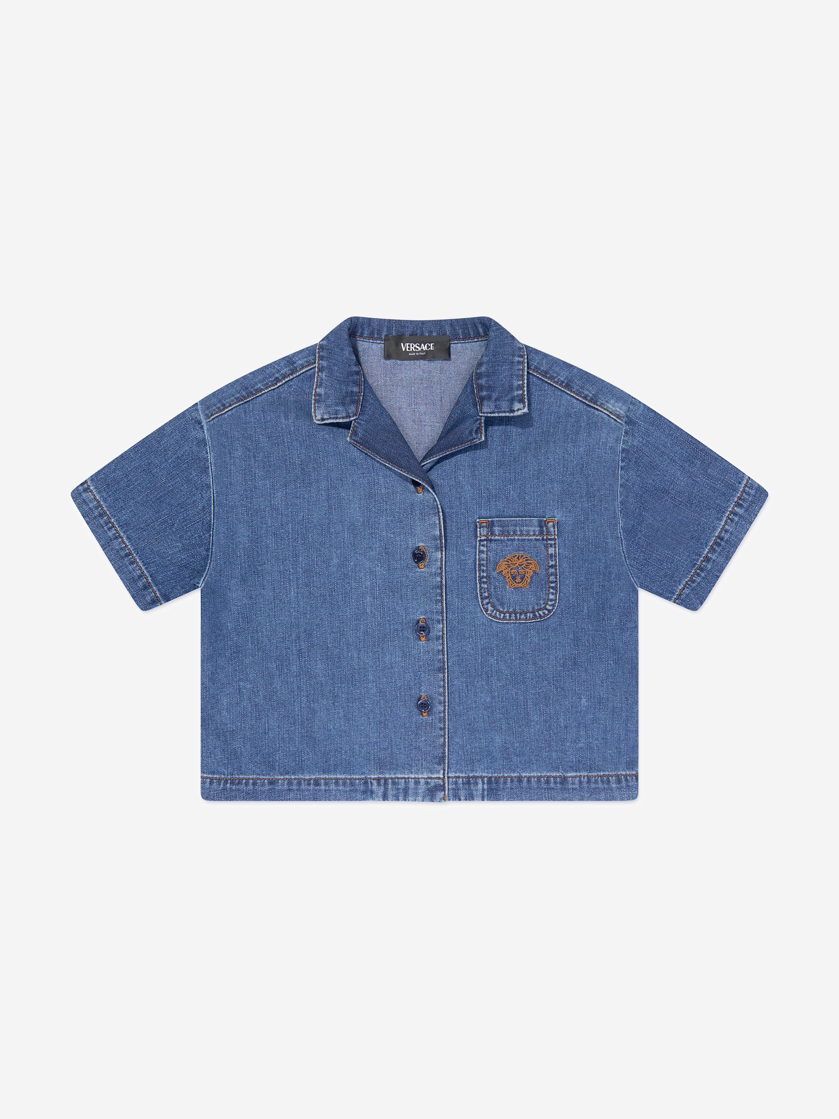 Versace Girls Embroidered Logo Denim Shirt in Blue Cheap Free Shipping