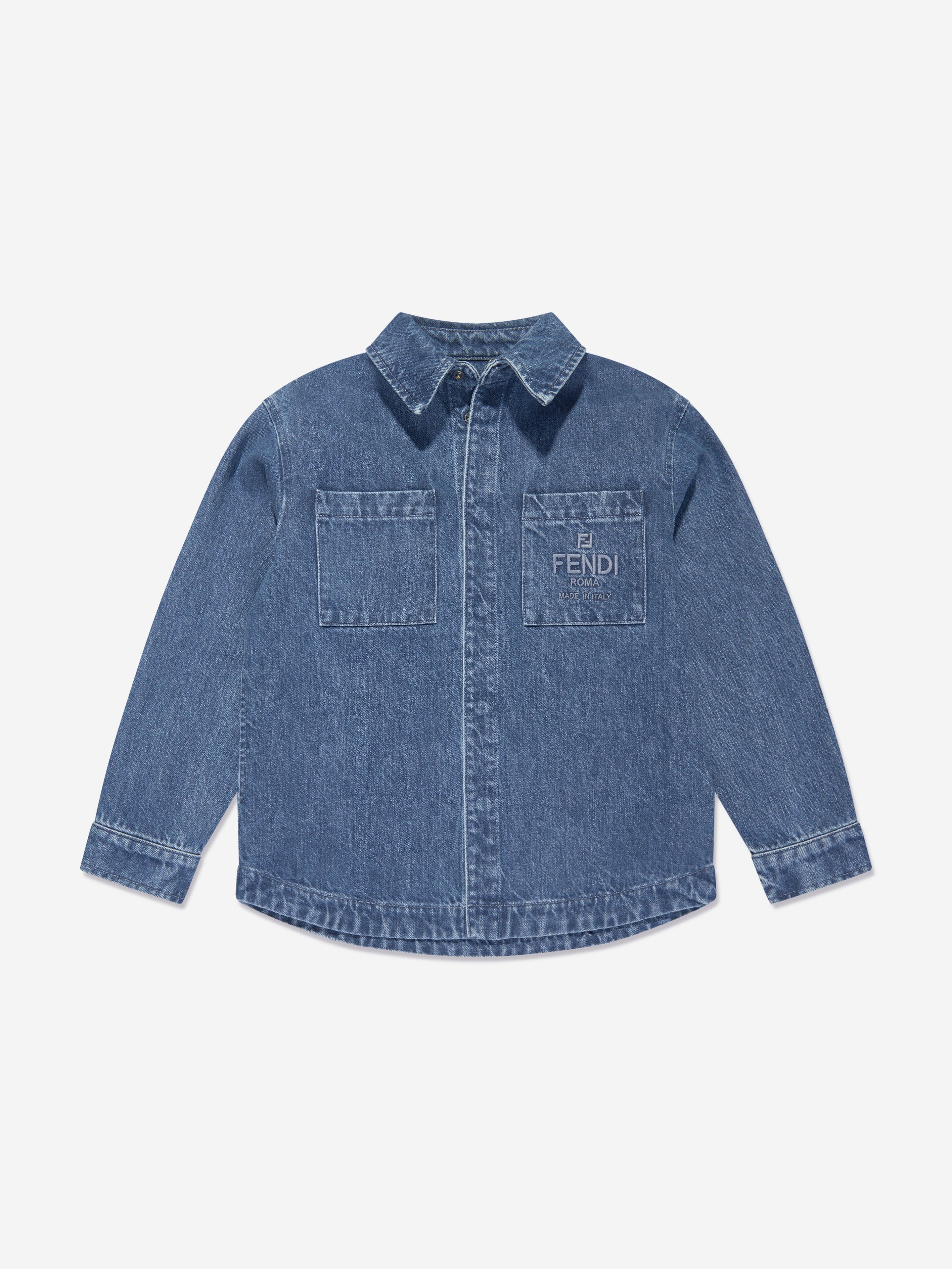 Fendi Kids FF Logo Denim Overshirt in Blue Discount Cheap