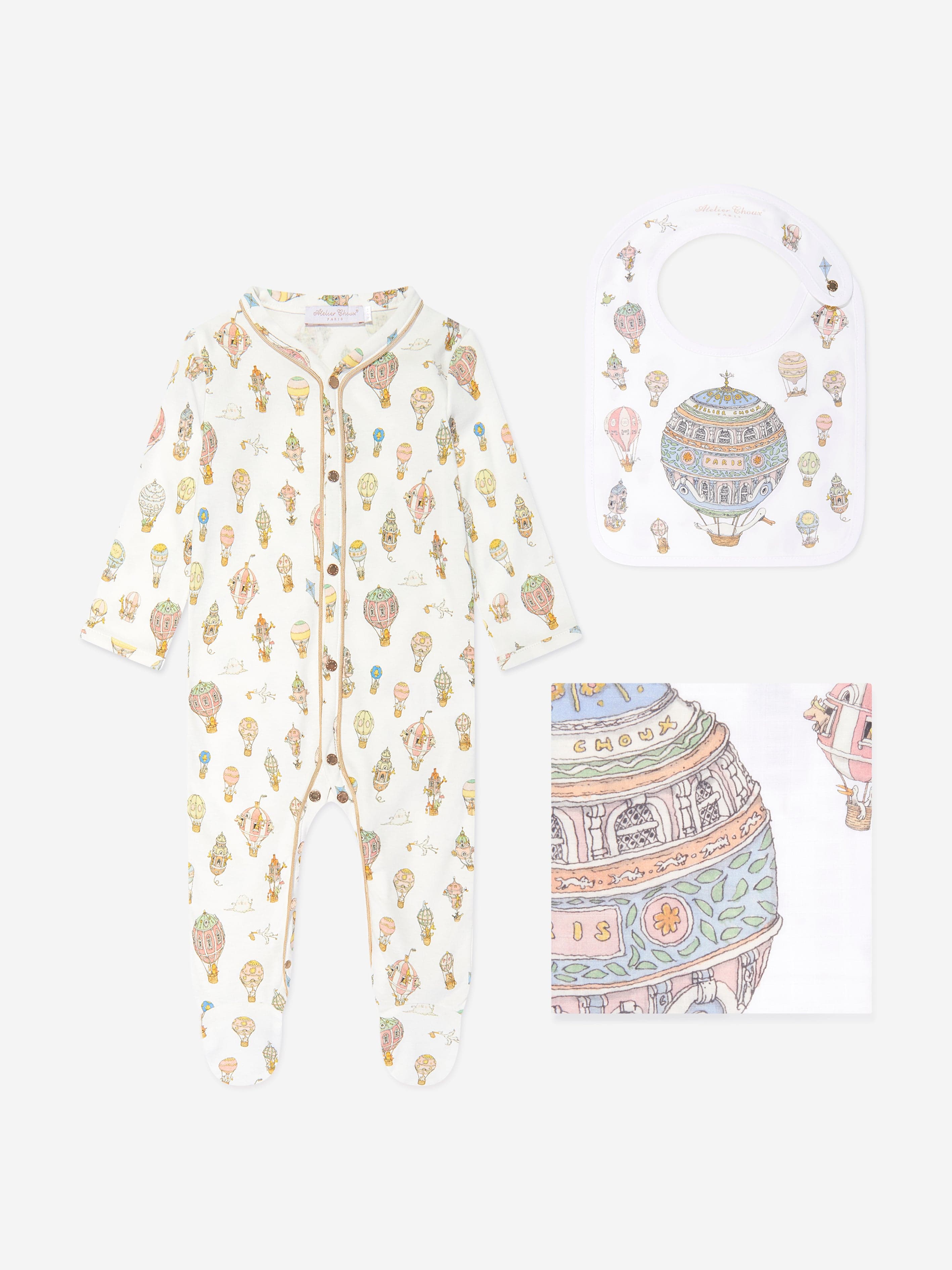 Atelier Choux Baby Balloons Playsuit Swaddle And Bib Set in White With Credit Card Cheap Pice