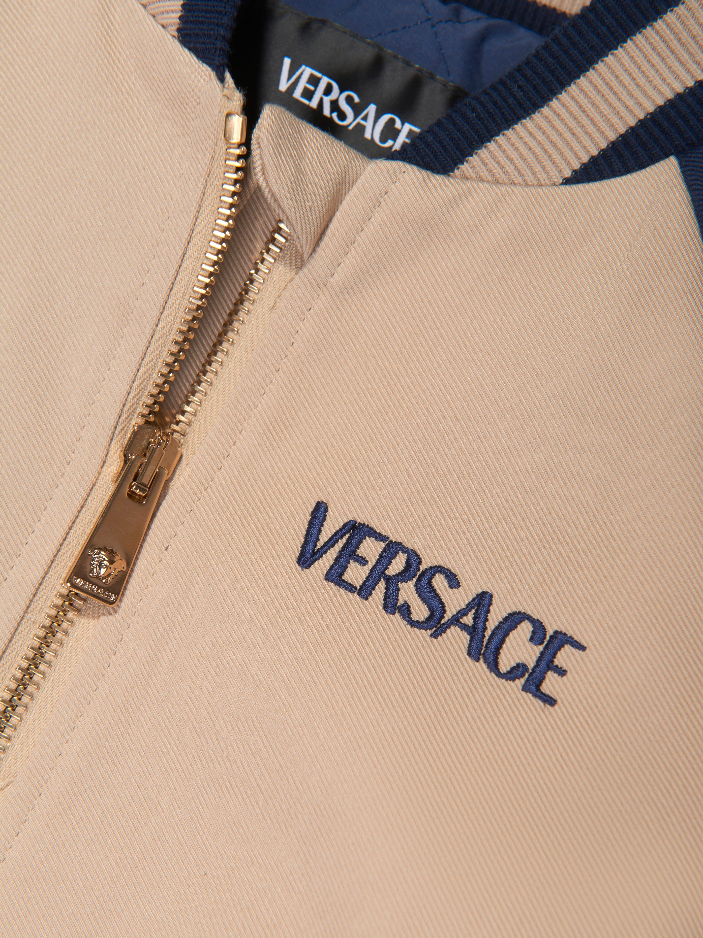 Versace Boys Embroidered Logo Bomber Jacket in Beige Outlet Exclusive