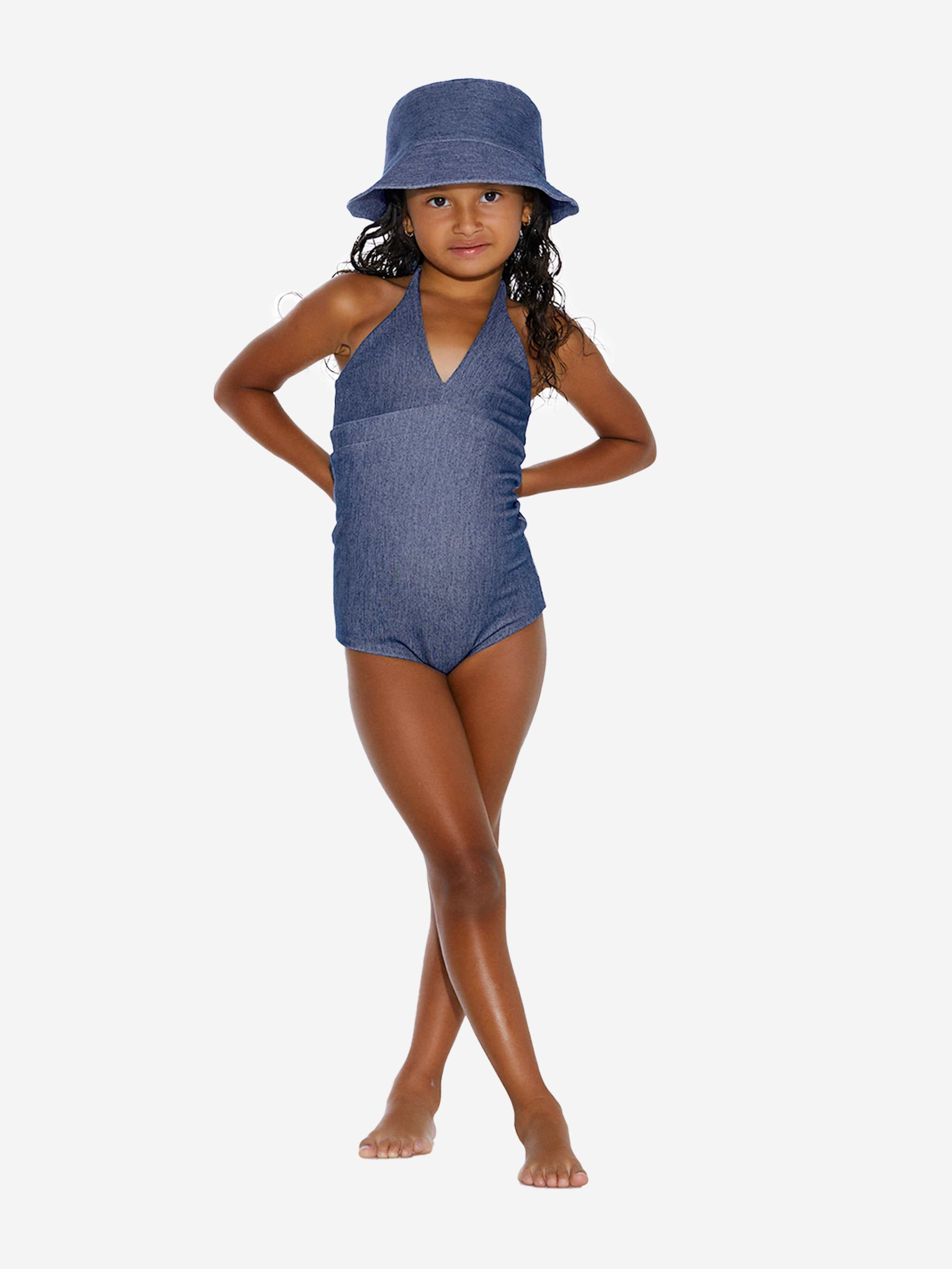 AY by AYLA Girls Denim Look Halterneck Swimsuit in Blue Many Kinds Of Online