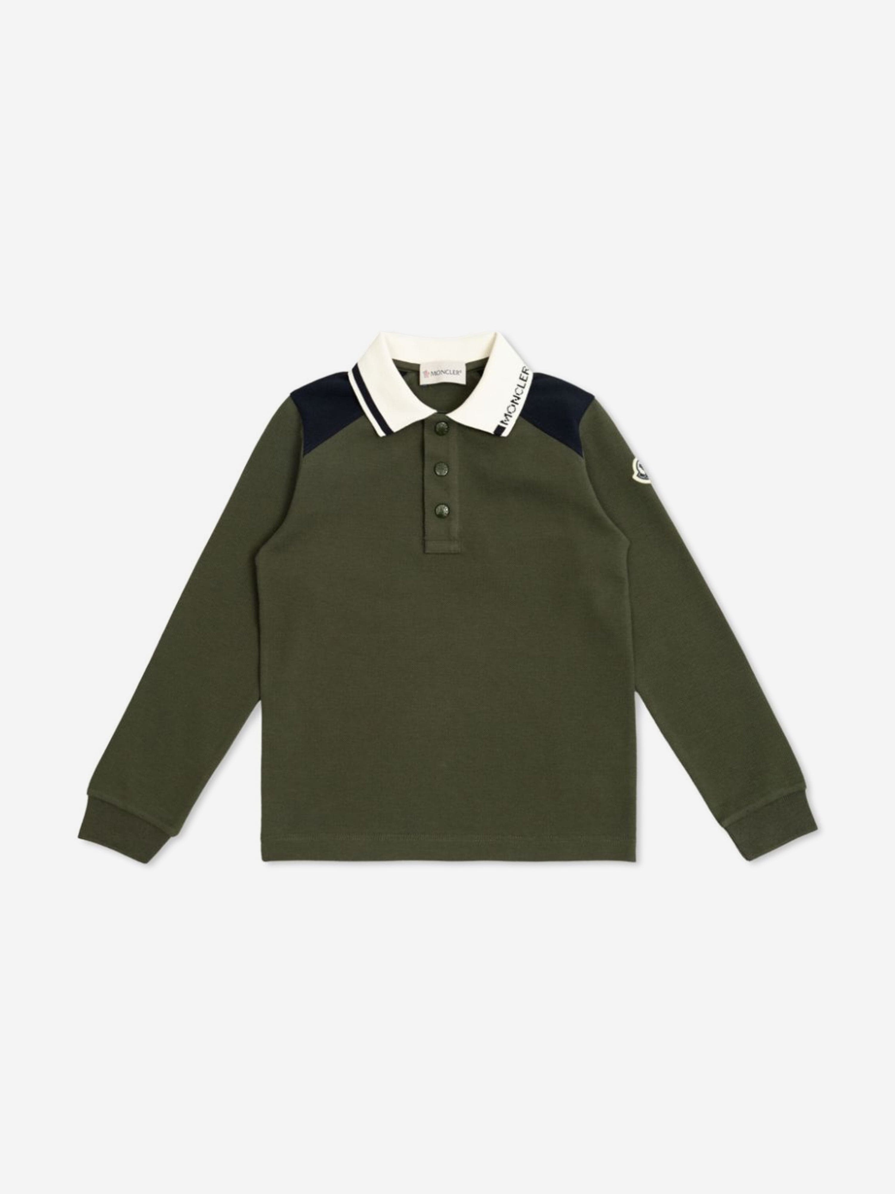 Moncler Enfant Boys Long Sleeve Polo Shirt in Green Clearance Very Cheap