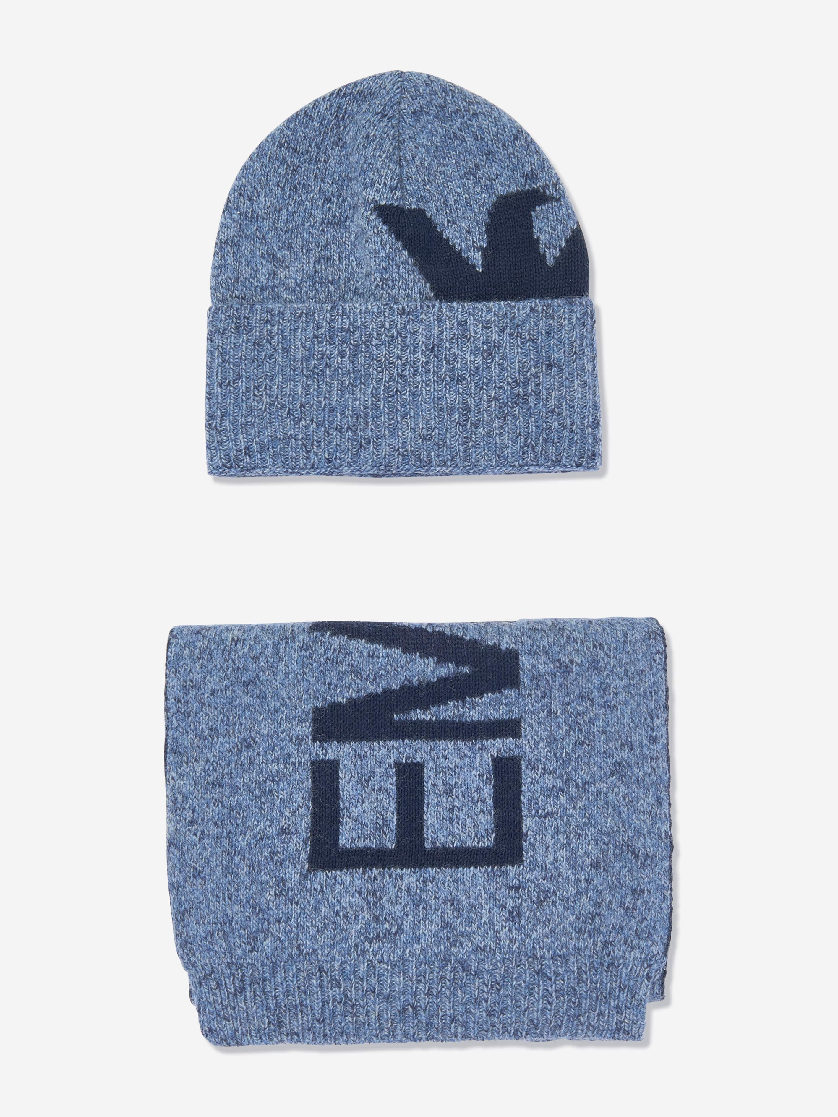 Emporio Armani Boys Knitetd Hat and Scarf Set in Blue Clearance 2025