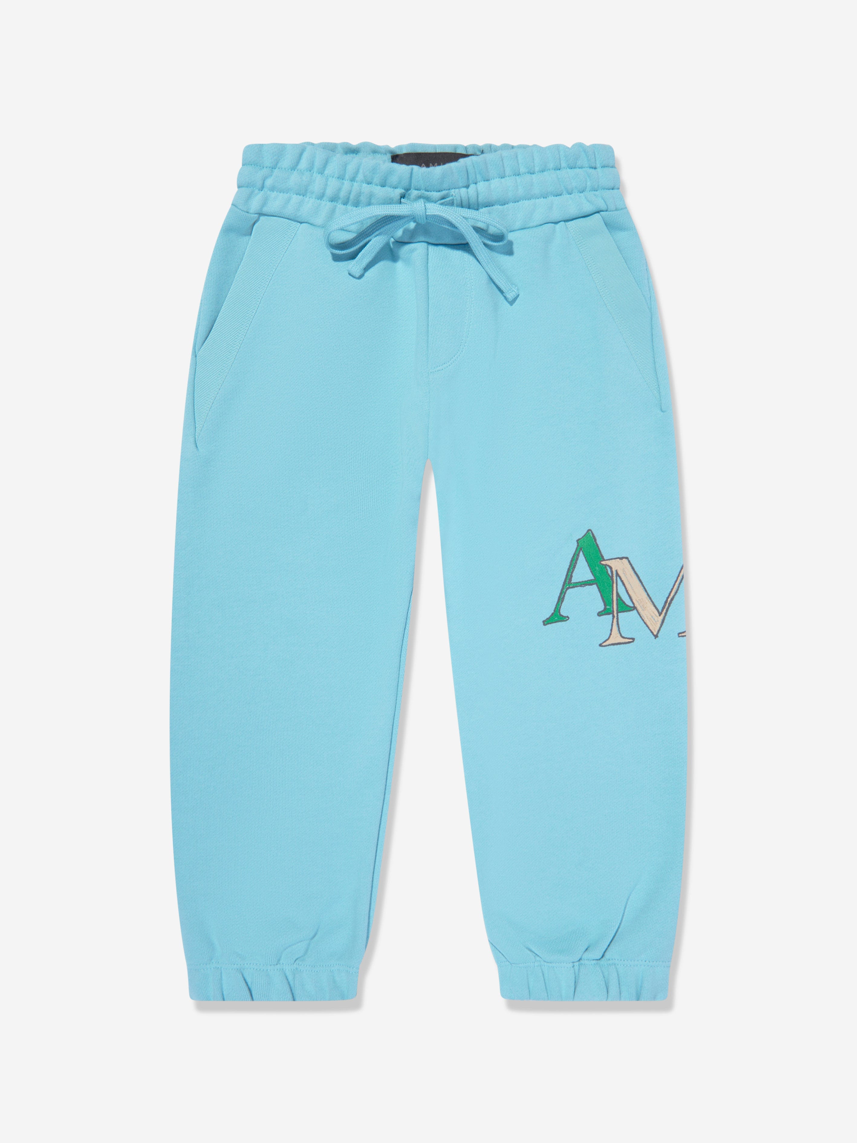 Amiri Kids Staggered Scribble Logo Joggers in Blue Clearance Clearance