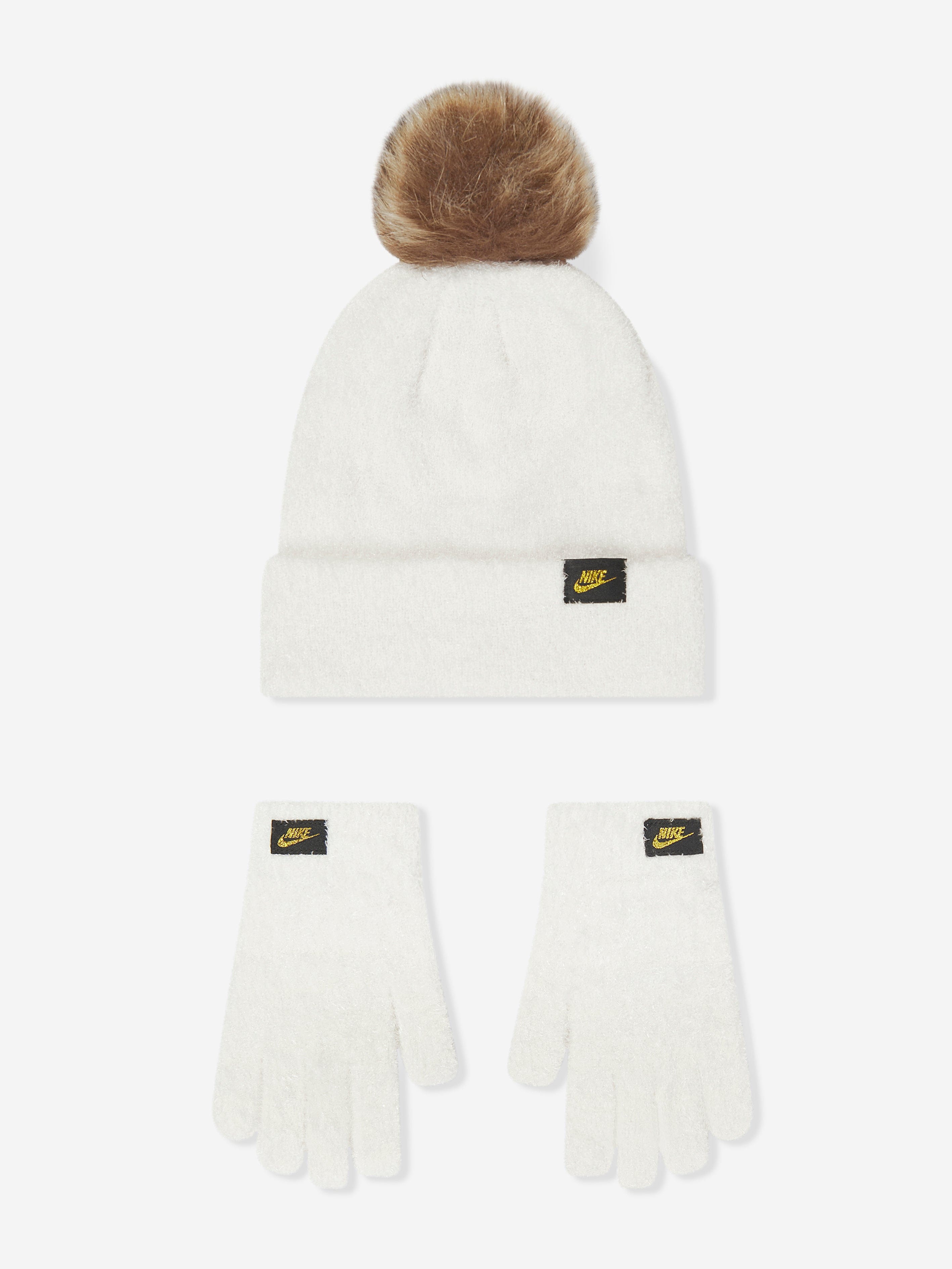 Kids Plush Beanie and Glove Set in White For Nice