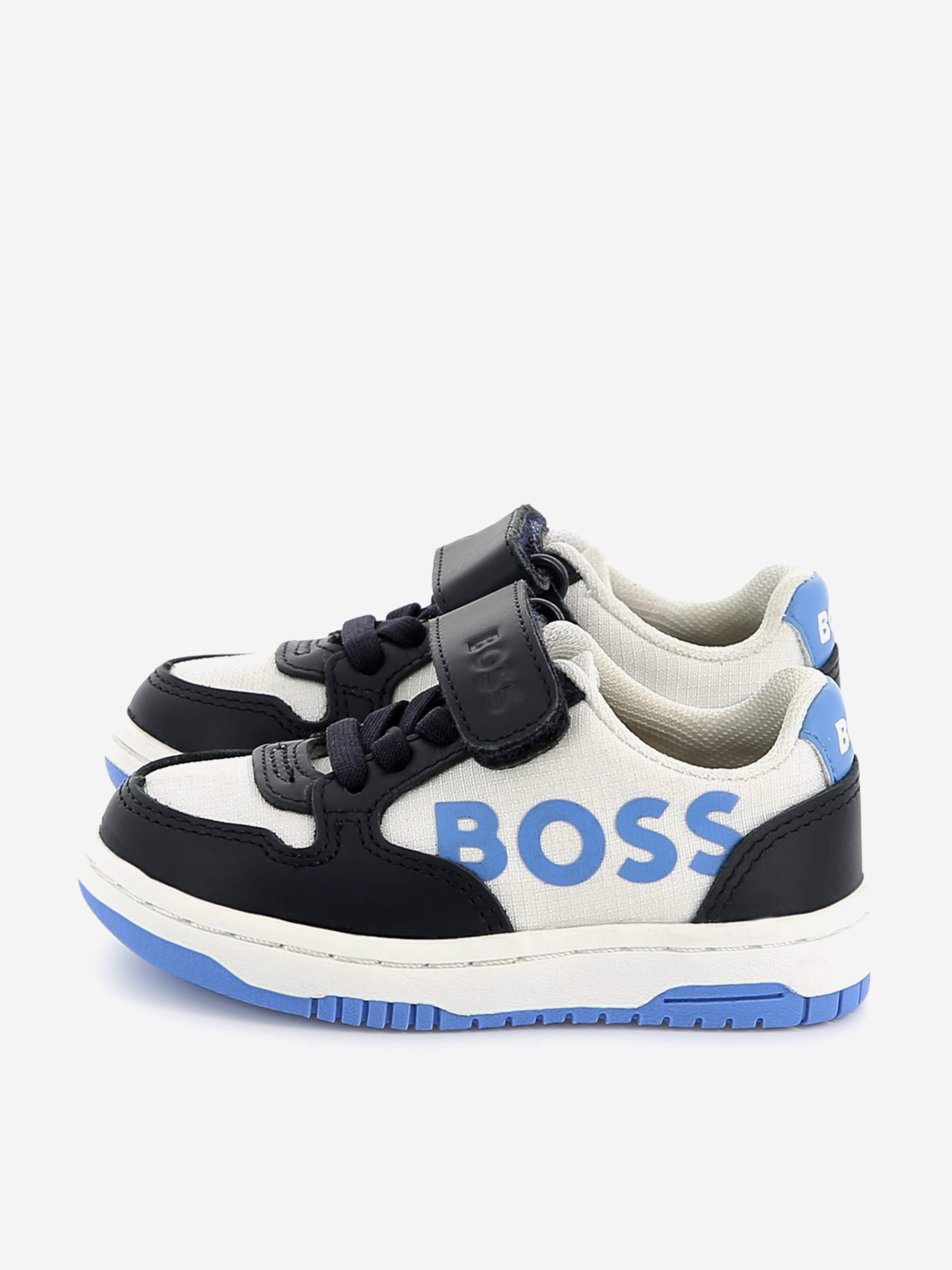 BOSS Boys Leather Logo Trainers in Navy Discount Newest