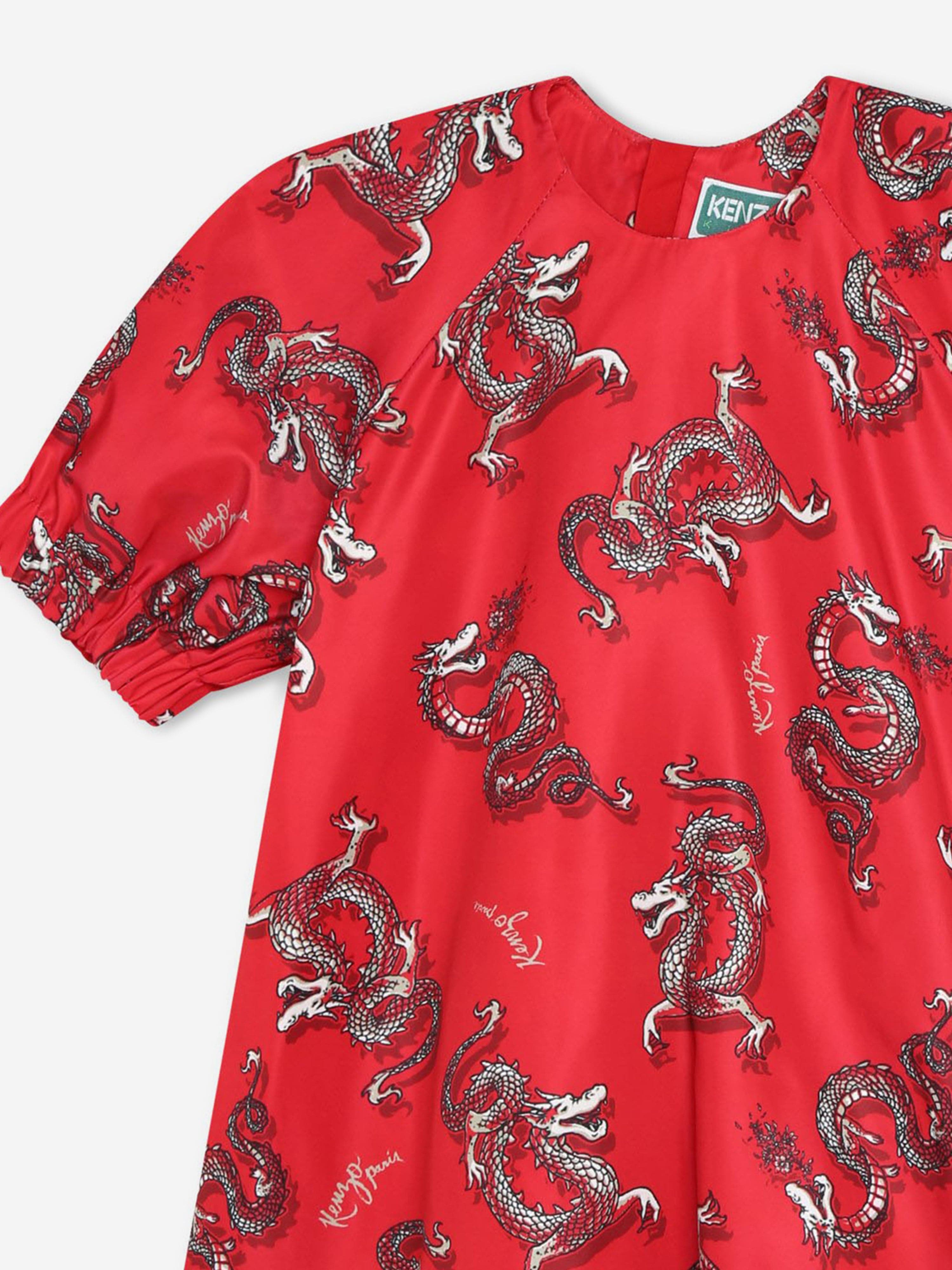 KENZO Girls Dragon Print Dress in Red Discount