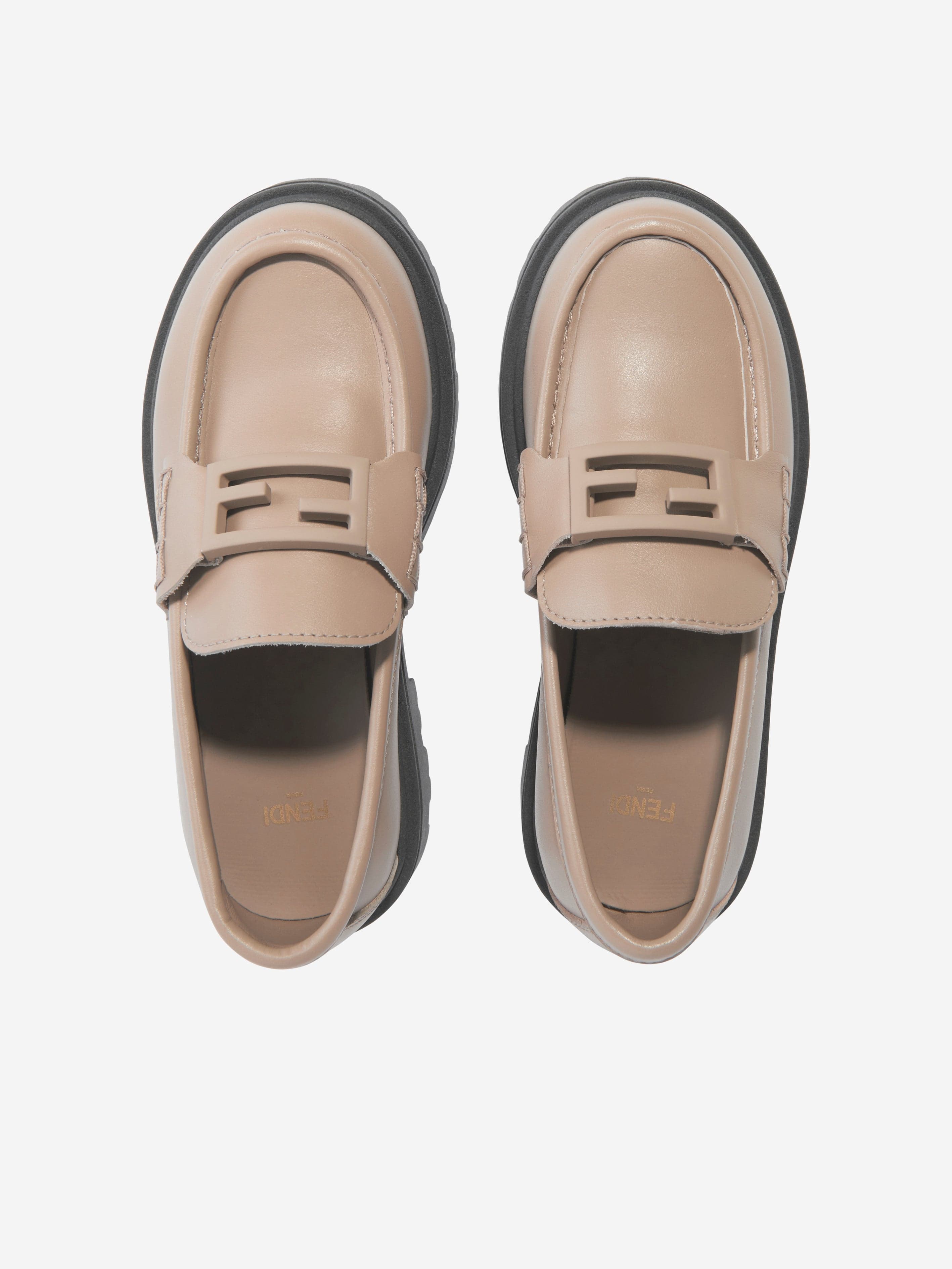 Fendi Kids Leather Logo Loafers in Beige Visit New For Sale