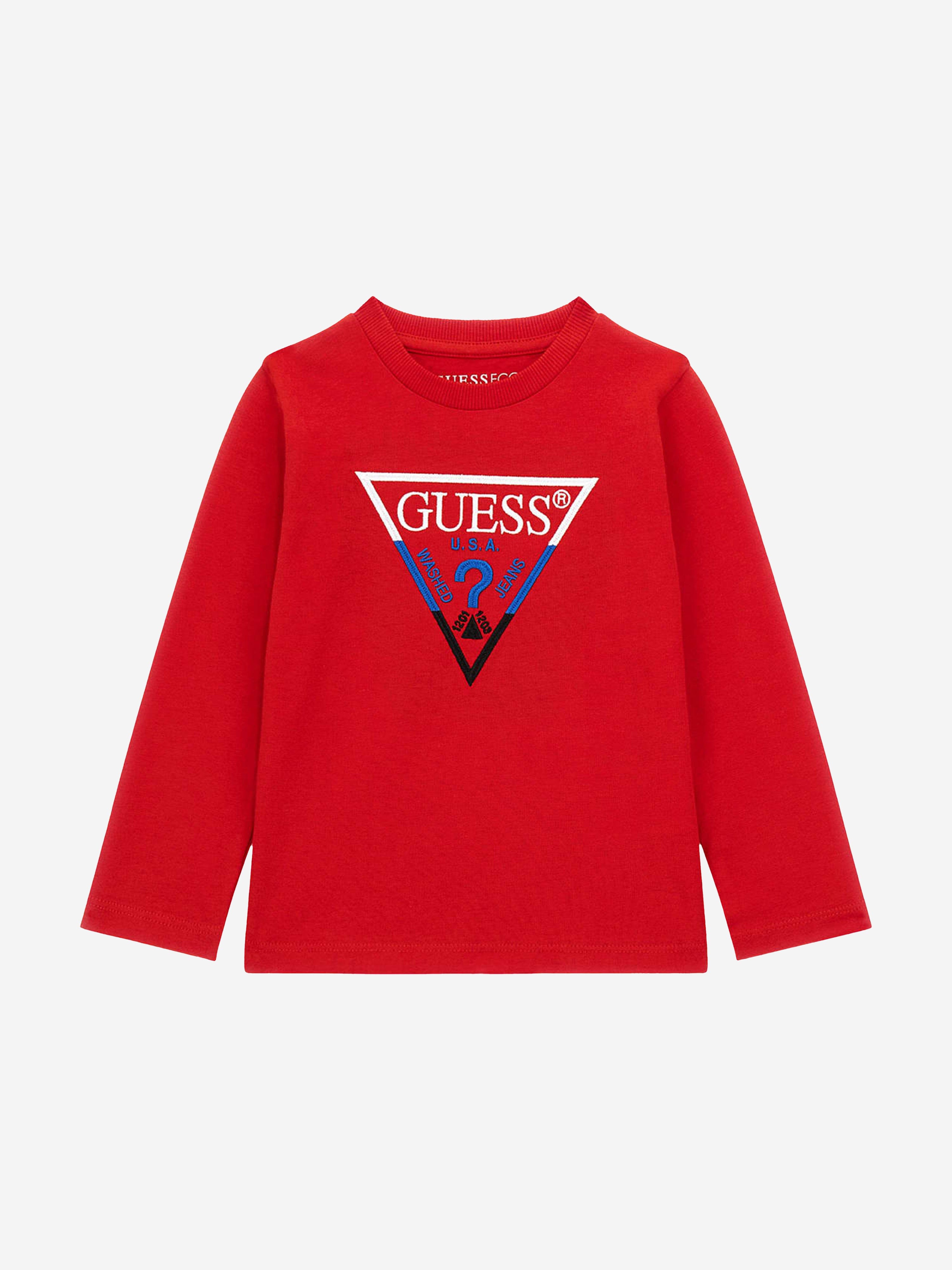 Guess Boys Long Sleeve Logo T-Shirt in Red Shop For Cheap Online