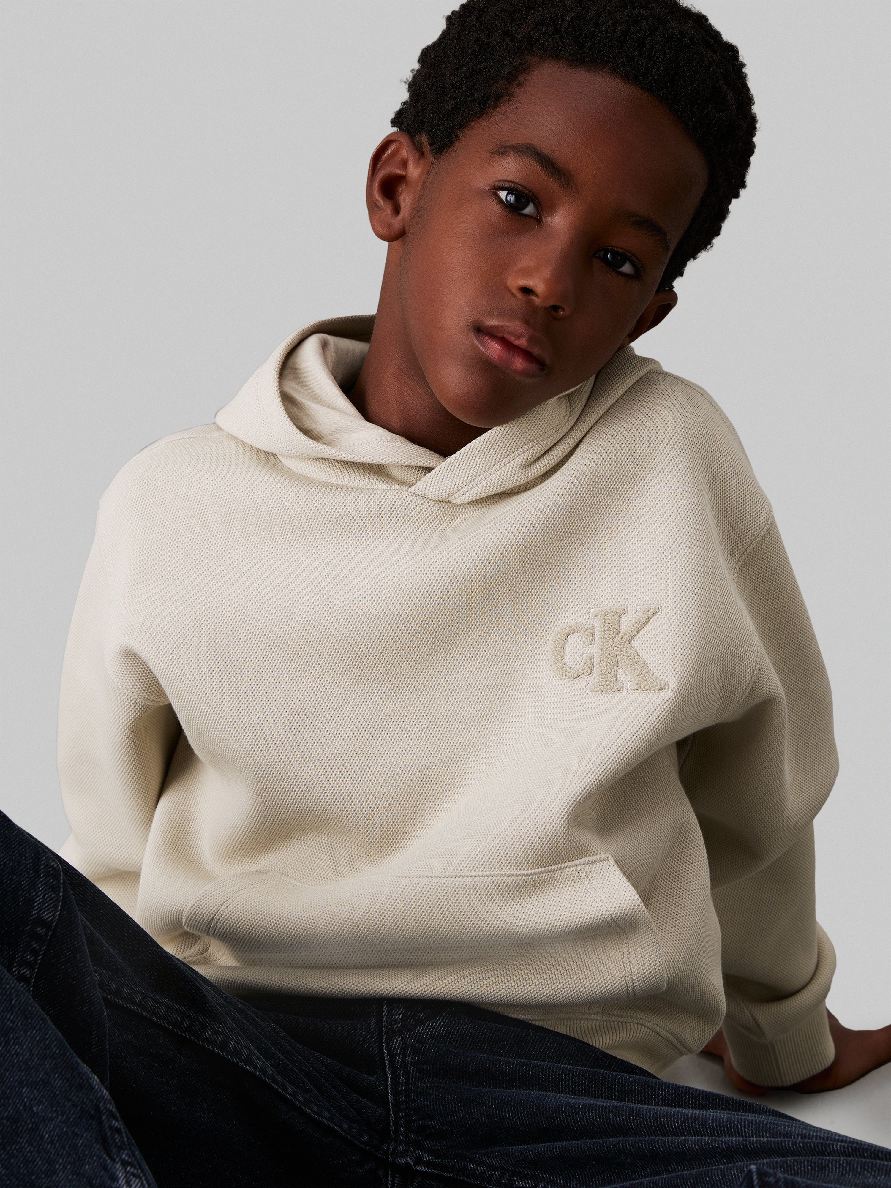 Calvin Klein Boys Bonded Pique Towel Mono Hoodie in Beige Clearance Cheap Online