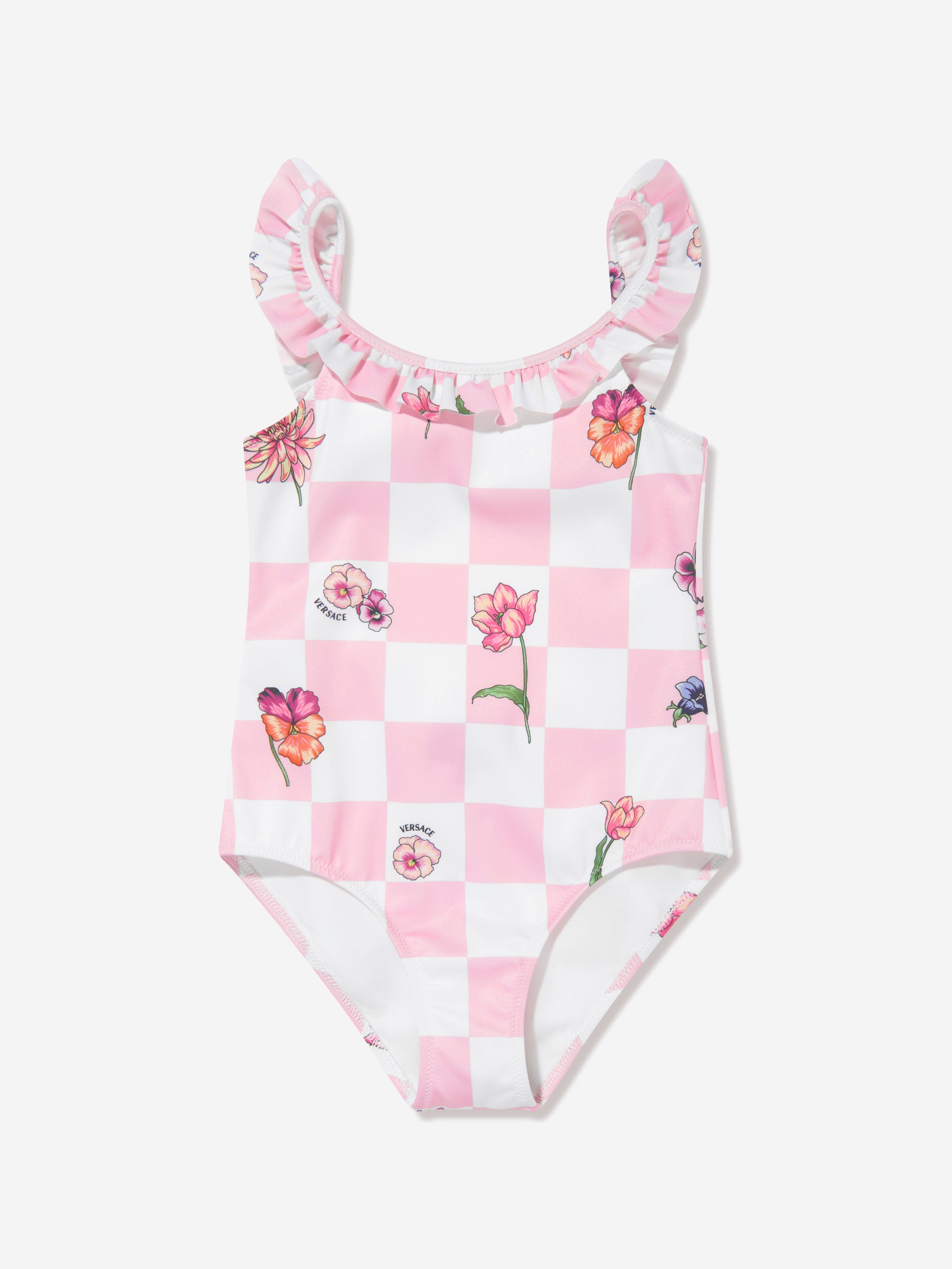 Versace Girls Damier Flowers Swimsuit in Pink Discount Visit New