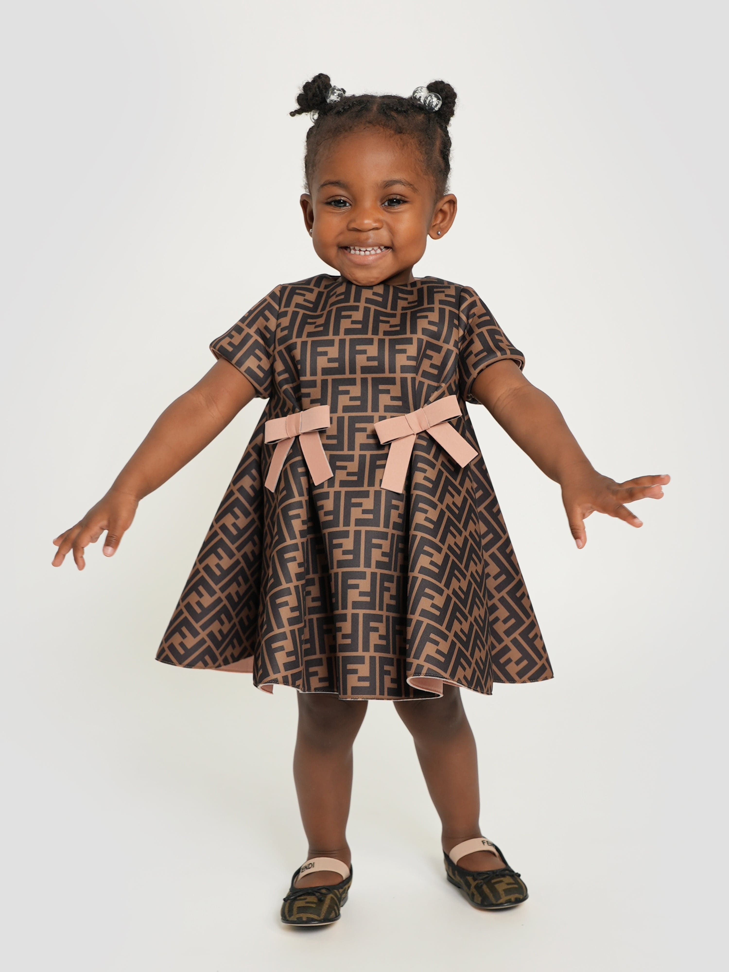 Fendi Baby Girls FF Logo Dress in Brown Outlet Fashion Style