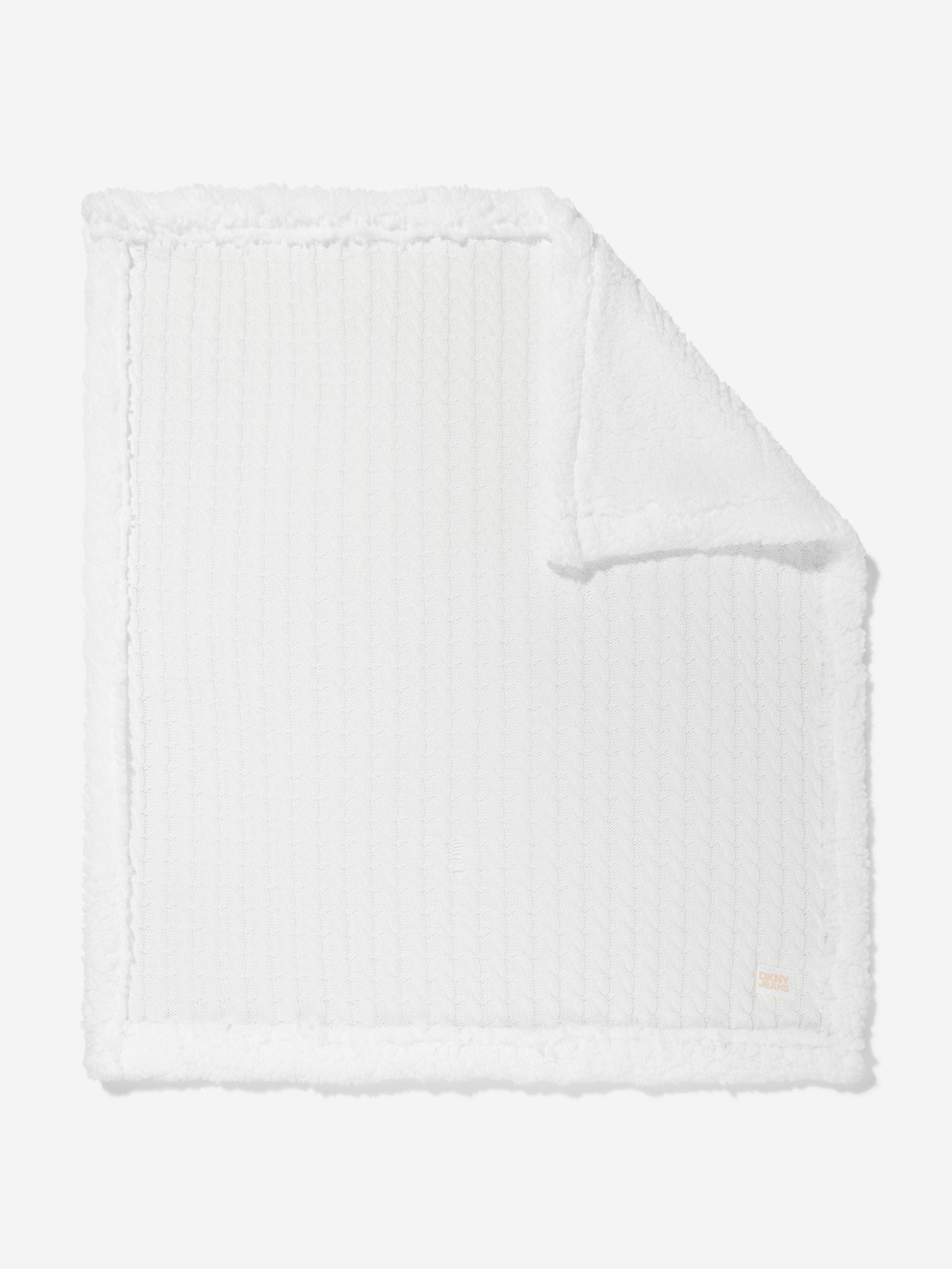 DKNY Baby Sherpa Fleece Blanket in White (90cm) Clearance Outlet