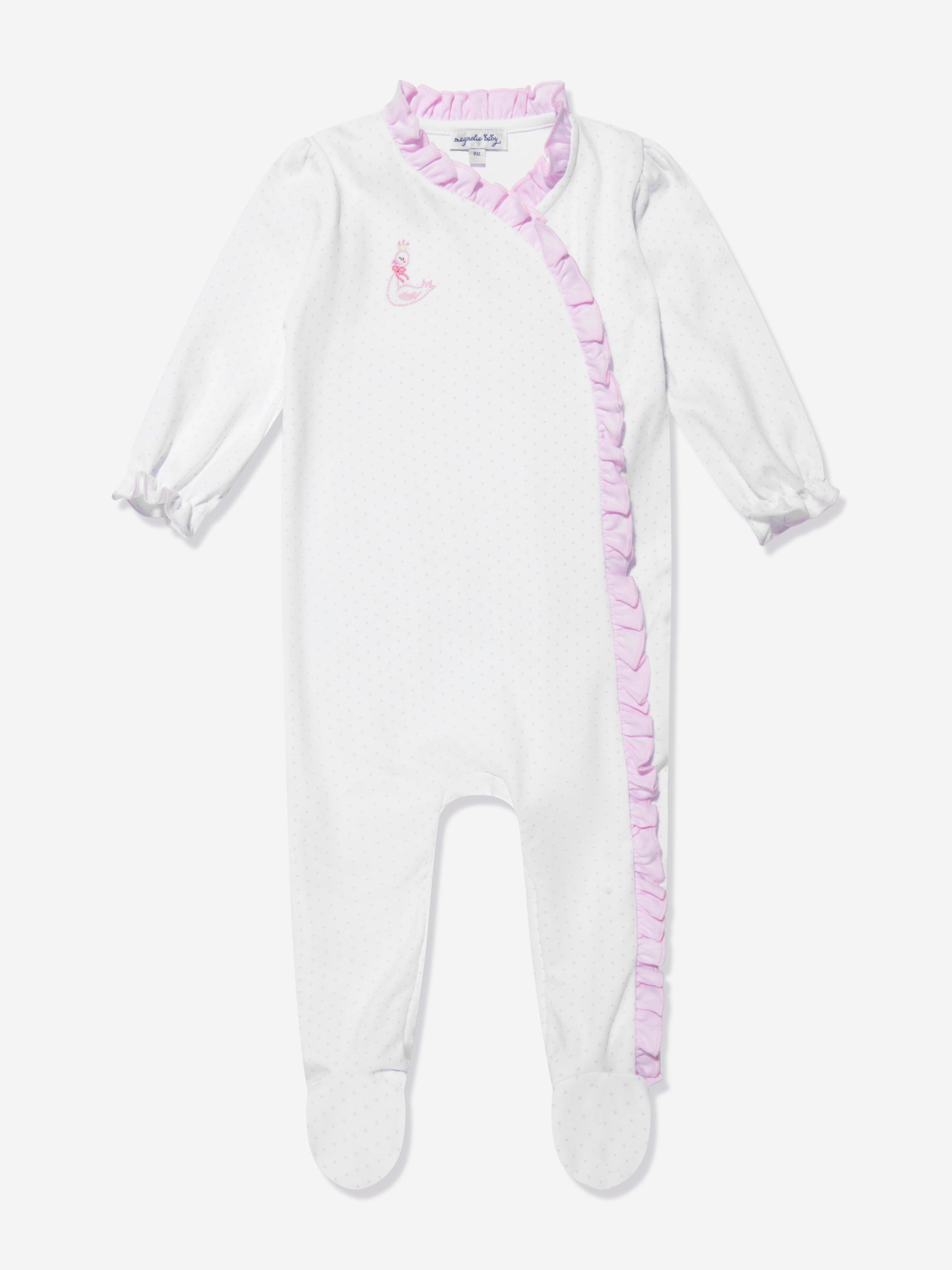 Magnolia Baby Baby Girls Swan Embroidered Cross Ruffle Babygrow in White Visa Payment
