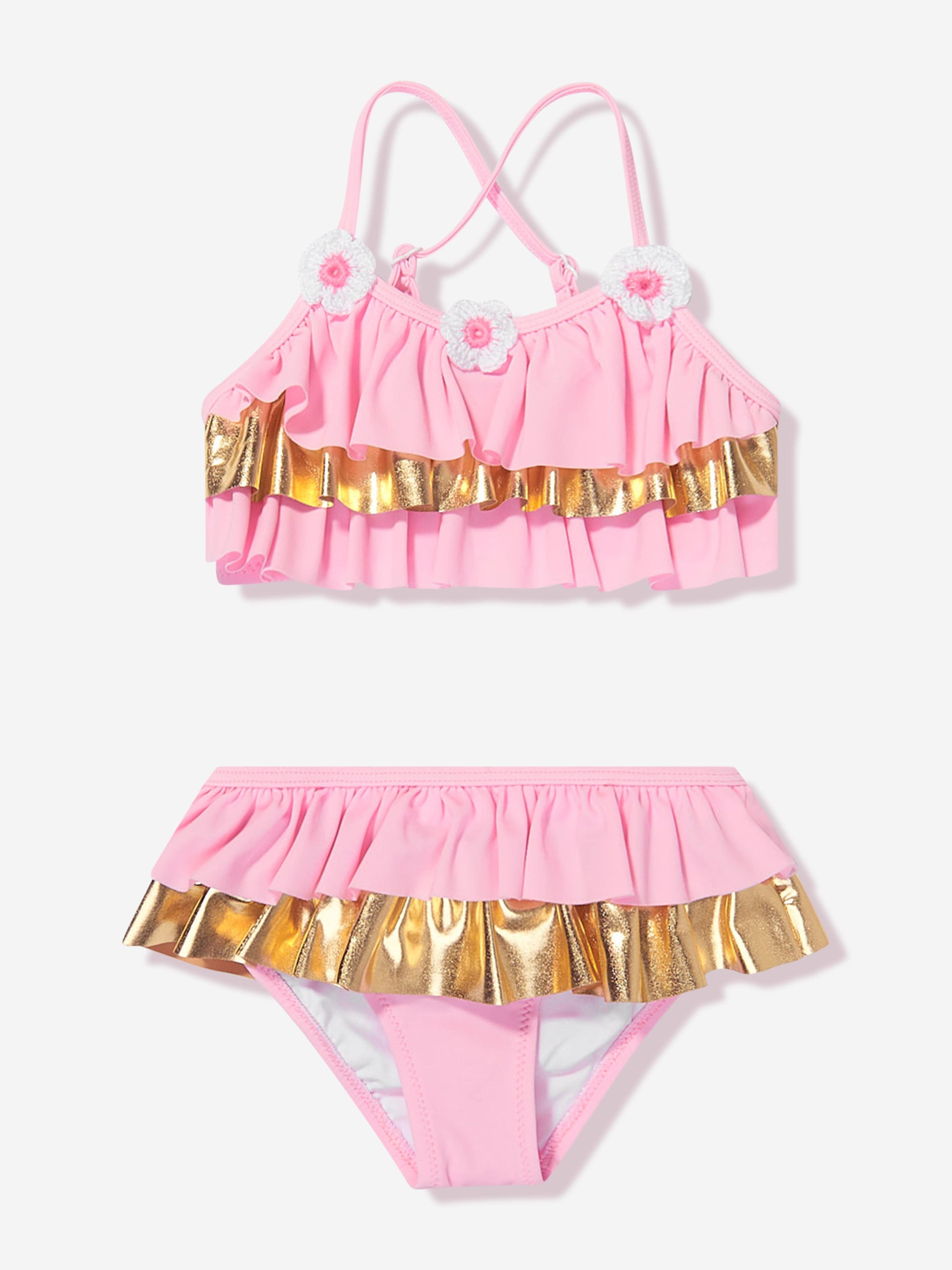 Nessi Byrd Girls Frilly Crochet Flower River Bikini in Pink For Sale Cheap Pice