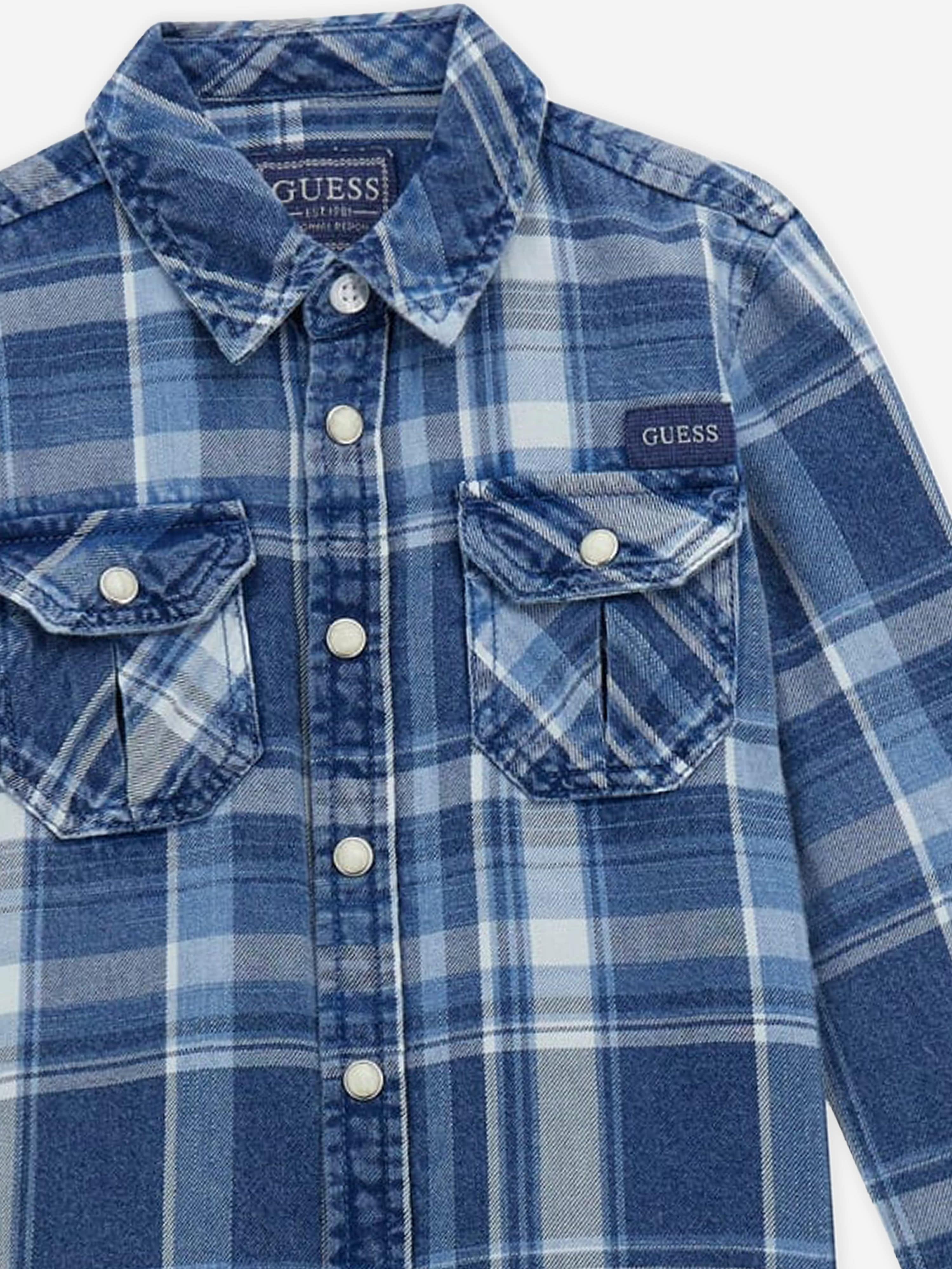 Guess Boys Cotton Twill Shirt in Blue Cheap Sale Footaction